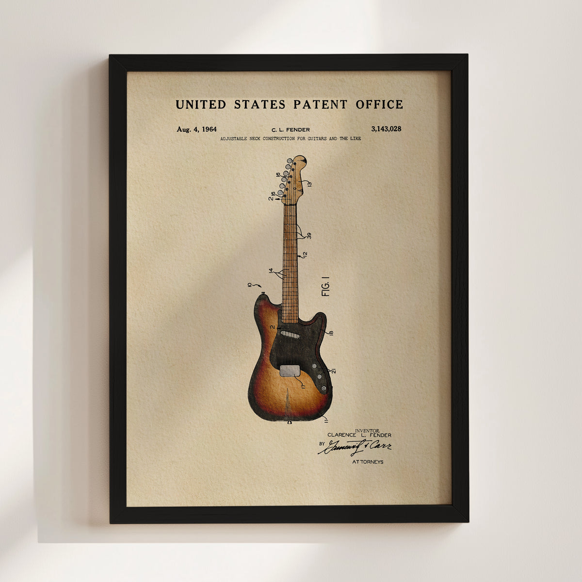 The image is a framed patent drawing of a guitar, depicting the design and construction of the guitar.