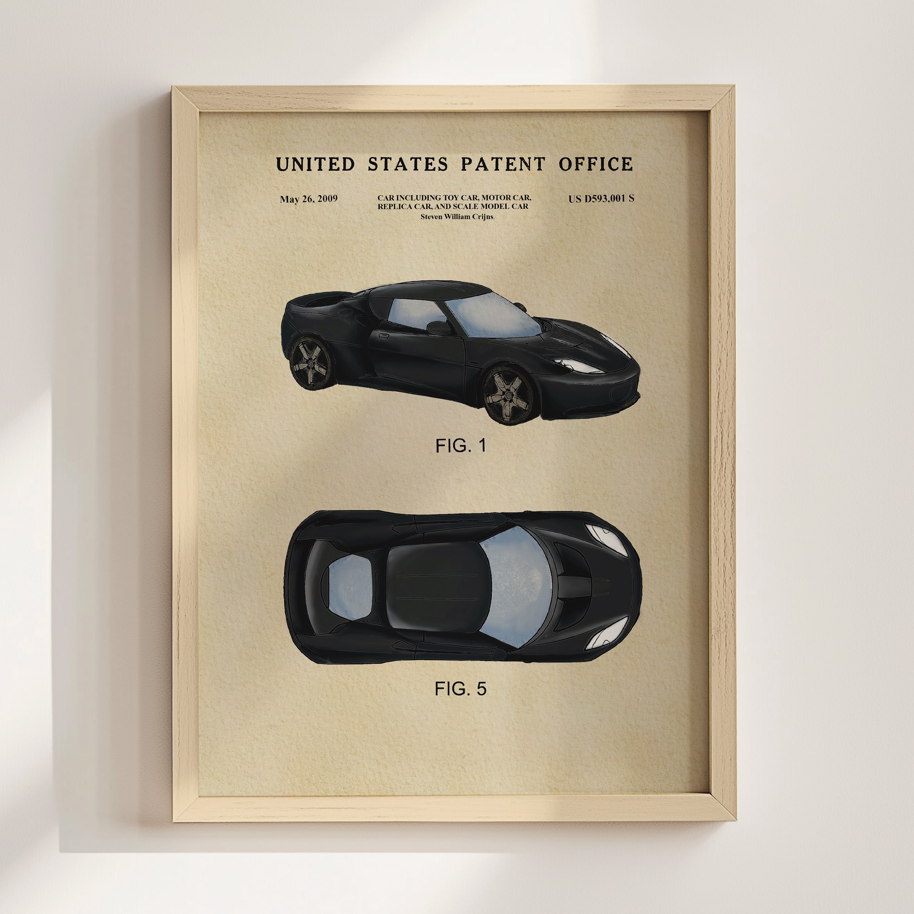 The image is a framed poster featuring a black sports car, likely a Tesla, with two different views of the car. The poster is titled 