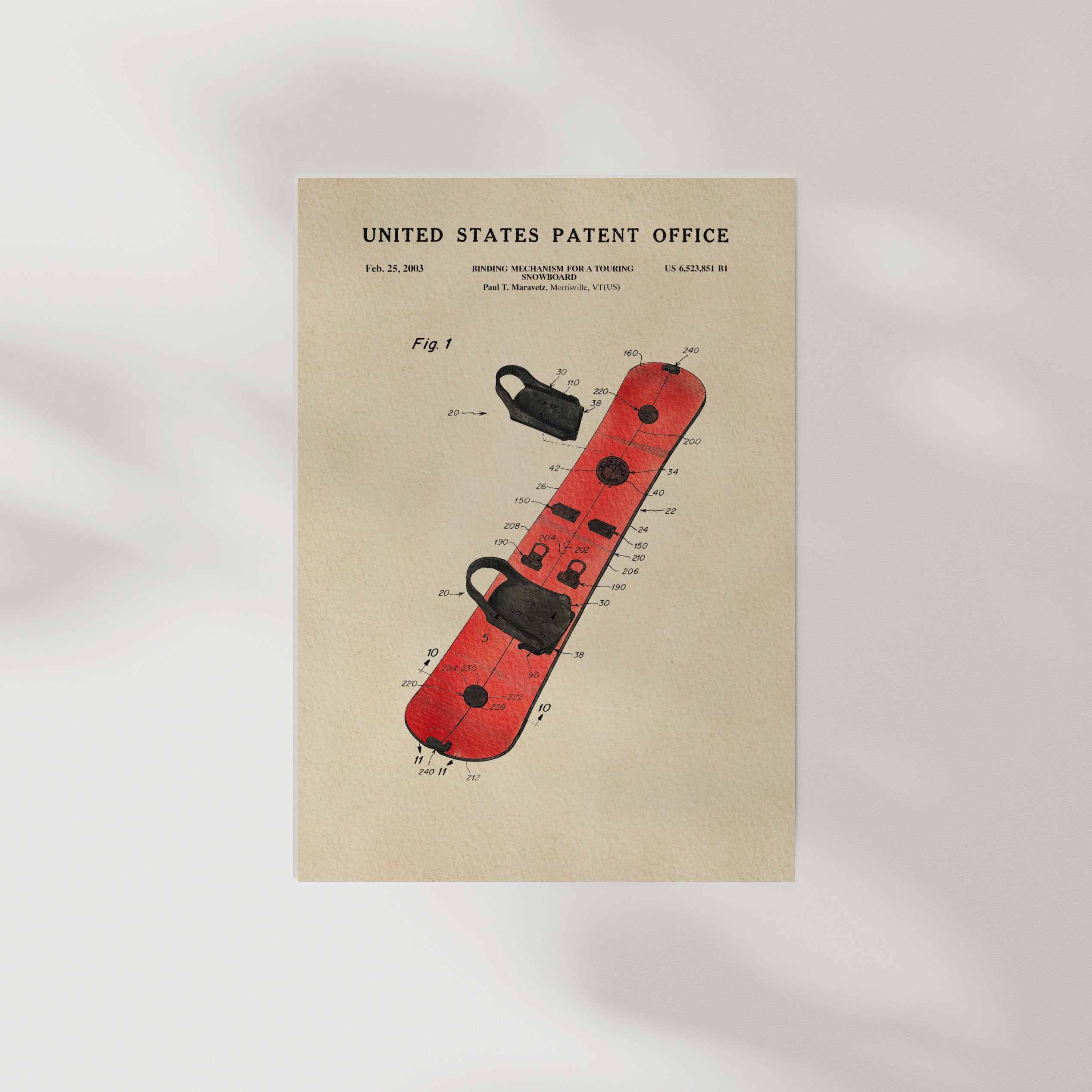 The image is a patent drawing of a red snowboard with various technical drawings and specifications.