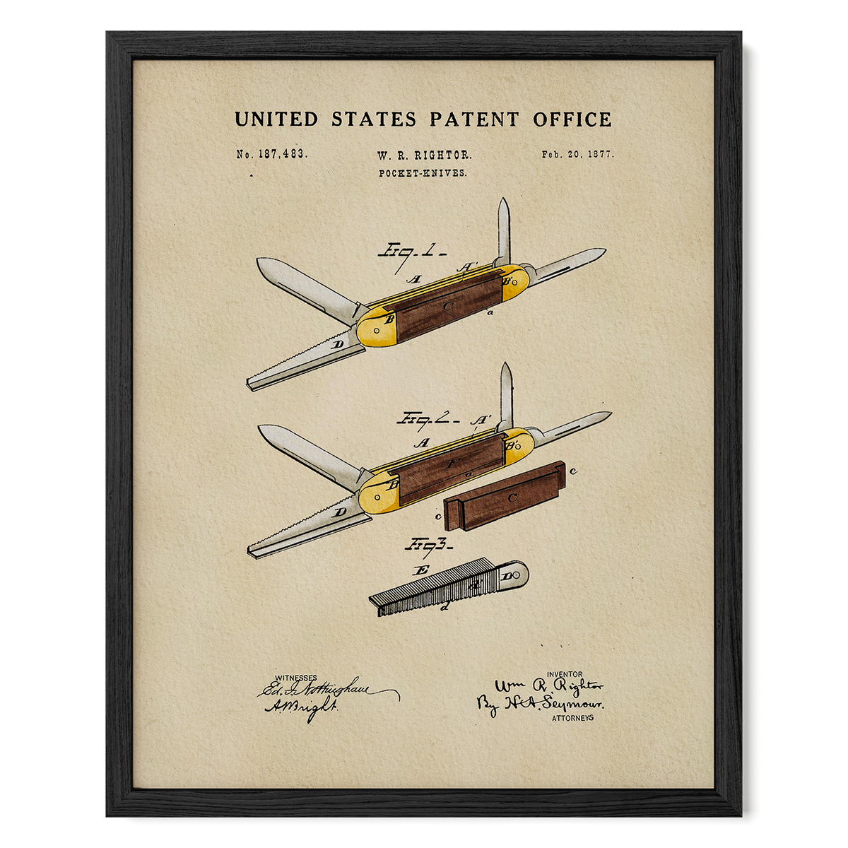 The image is a framed patent drawing depicting a folding knife with a wooden handle and a metal blade.