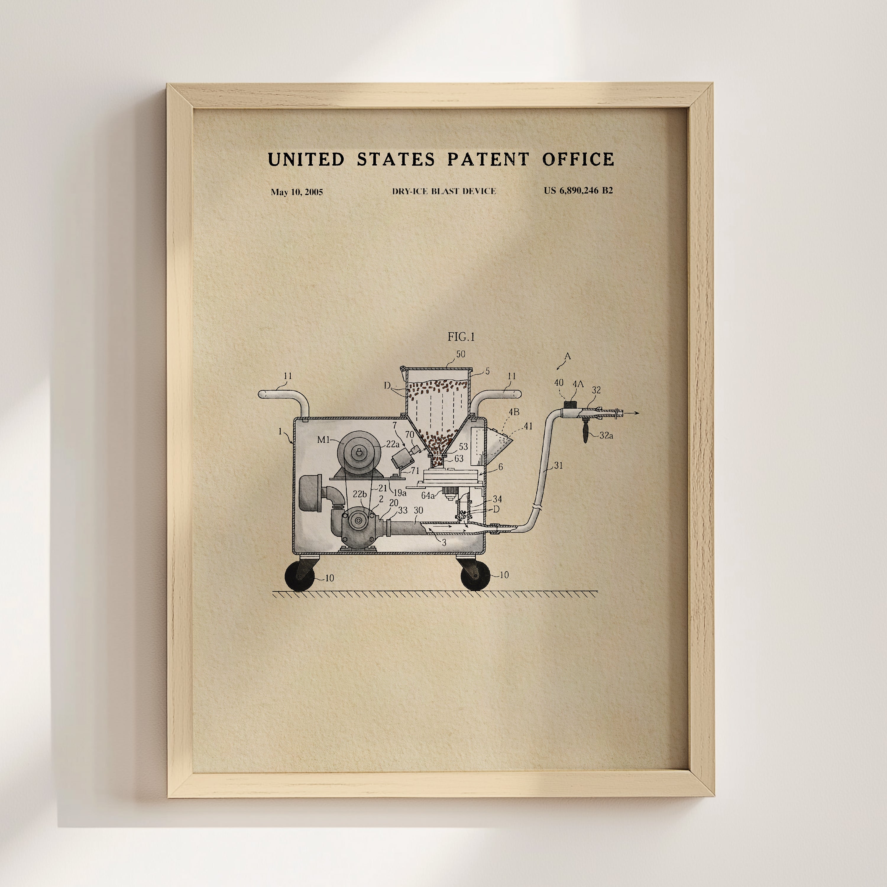 The image is a framed patent drawing depicting a device with a mechanical or technological component, likely related to the United States Patent Office.