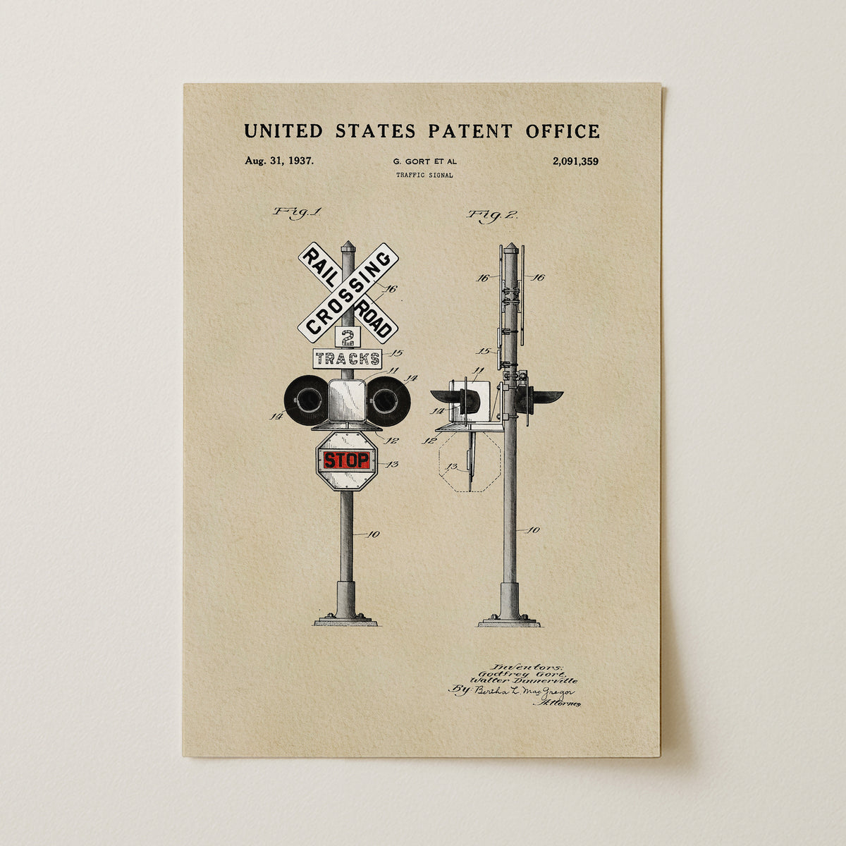 The image is a patent drawing from the United States Patent Office, depicting a railroad crossing signal with a stop sign.
