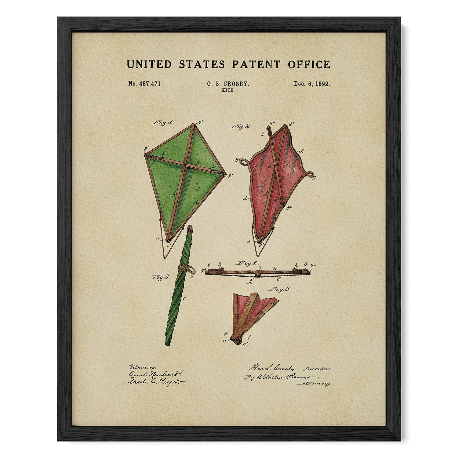 The image is a framed patent drawing depicting a kite with a green frame and a red tail.