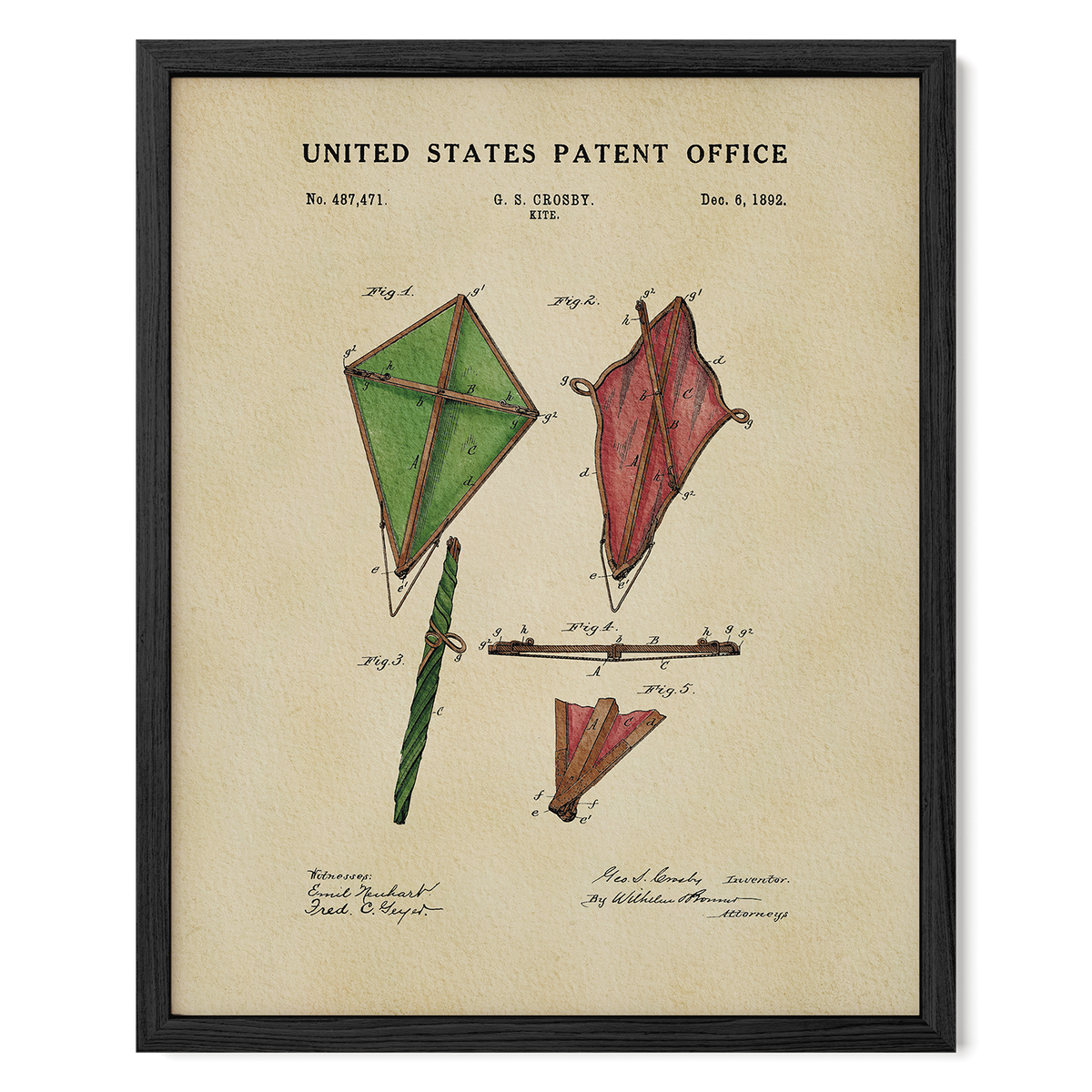 The image is a framed patent drawing depicting a kite with a green frame and a red tail.