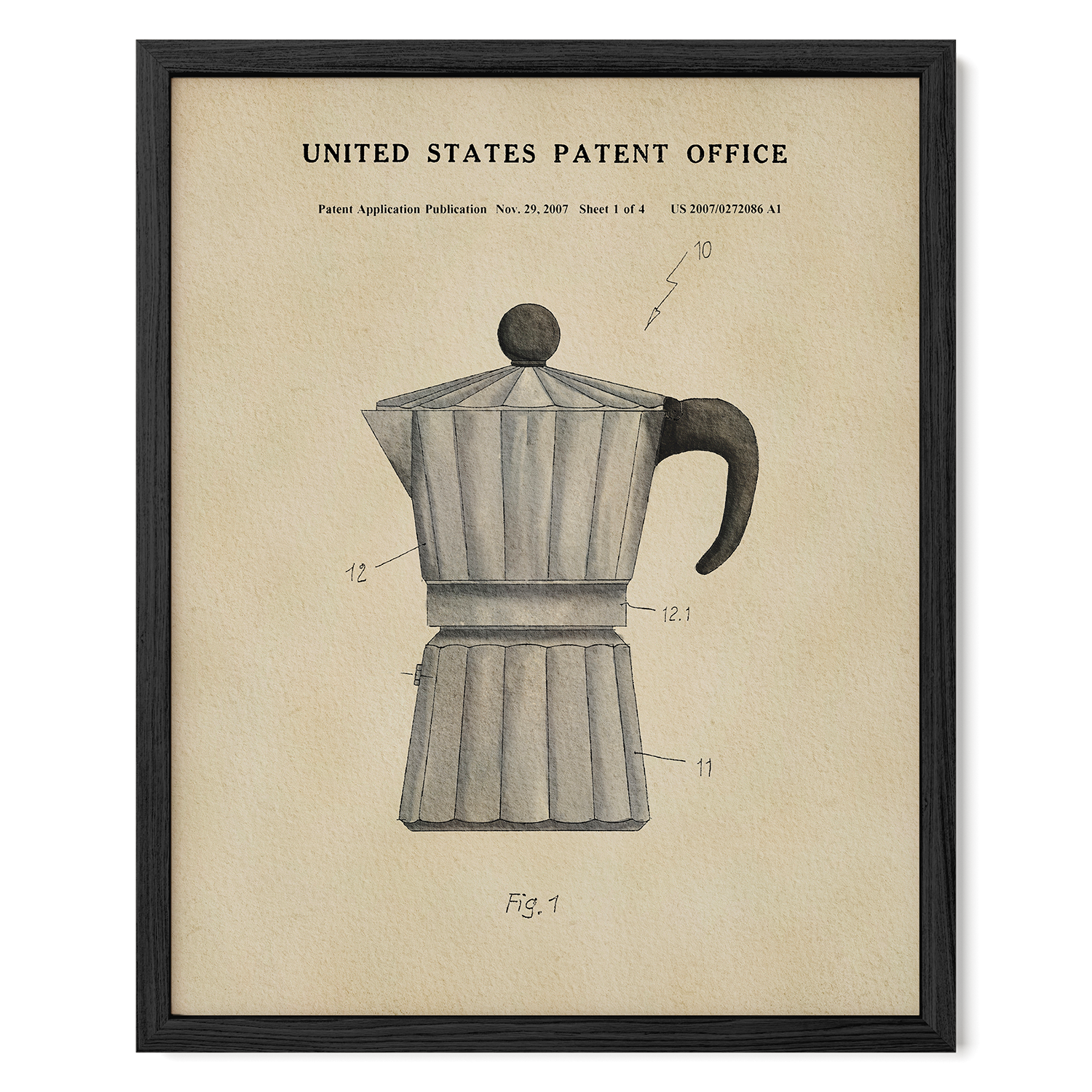 The image is a framed print depicting a patent application for a coffee maker, specifically a Moka pot.