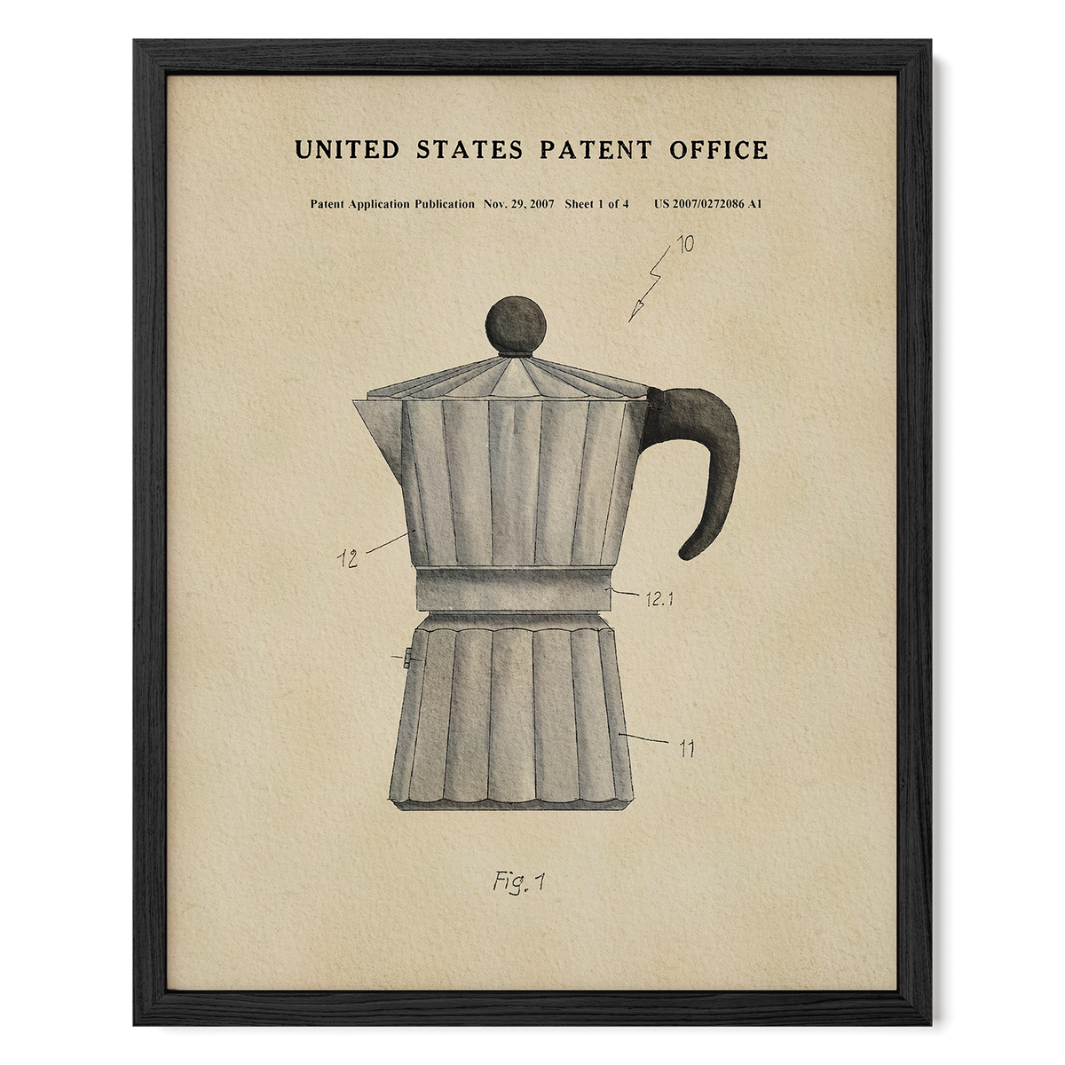 The image is a framed print depicting a patent application for a coffee maker, specifically a Moka pot.