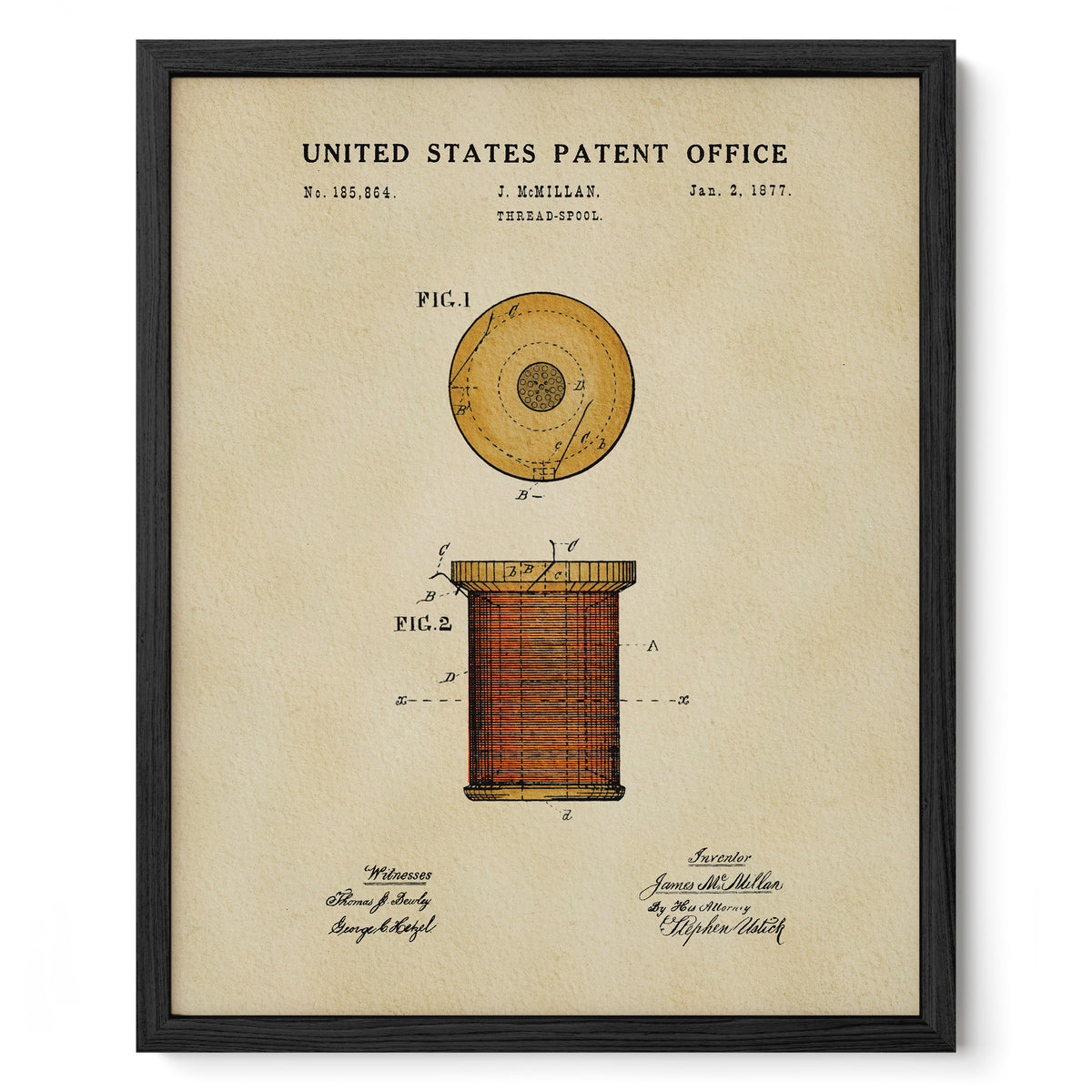 The image is a framed patent drawing from the United States Patent Office, depicting a spool of thread with a circular design.