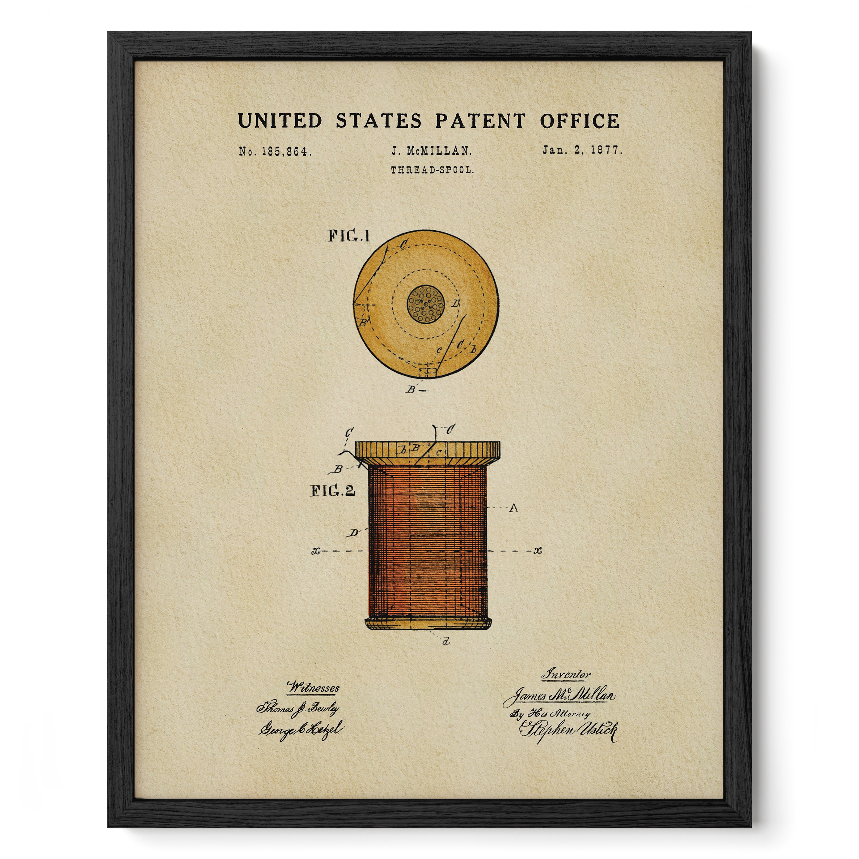 The image is a framed patent drawing from the United States Patent Office, depicting a spool of thread with a circular design.