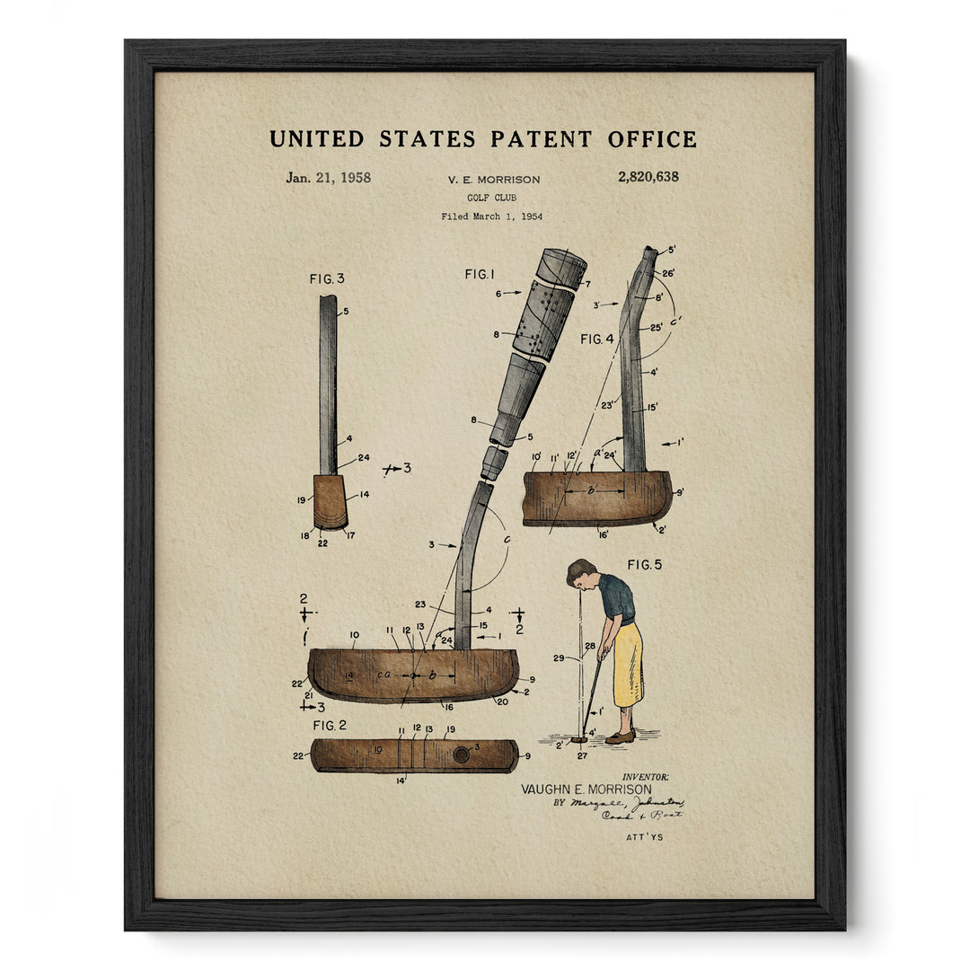 The image is a framed patent drawing depicting a golf club, featuring various technical drawings and specifications.