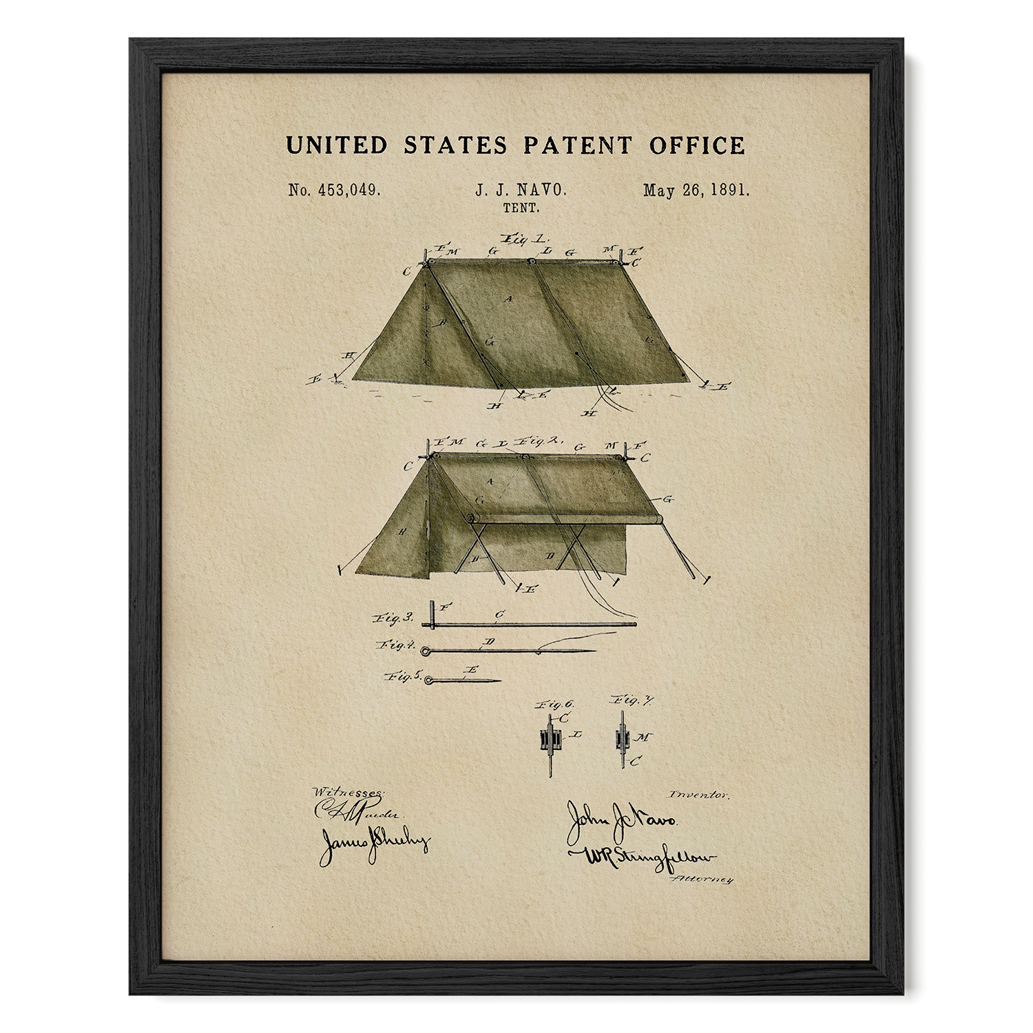 The image is a framed patent drawing of a tent, depicting the design and construction of the tent.