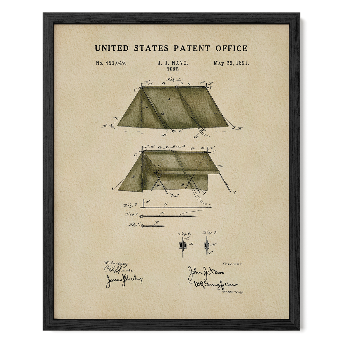 The image is a framed patent drawing of a tent, depicting the design and construction of the tent.