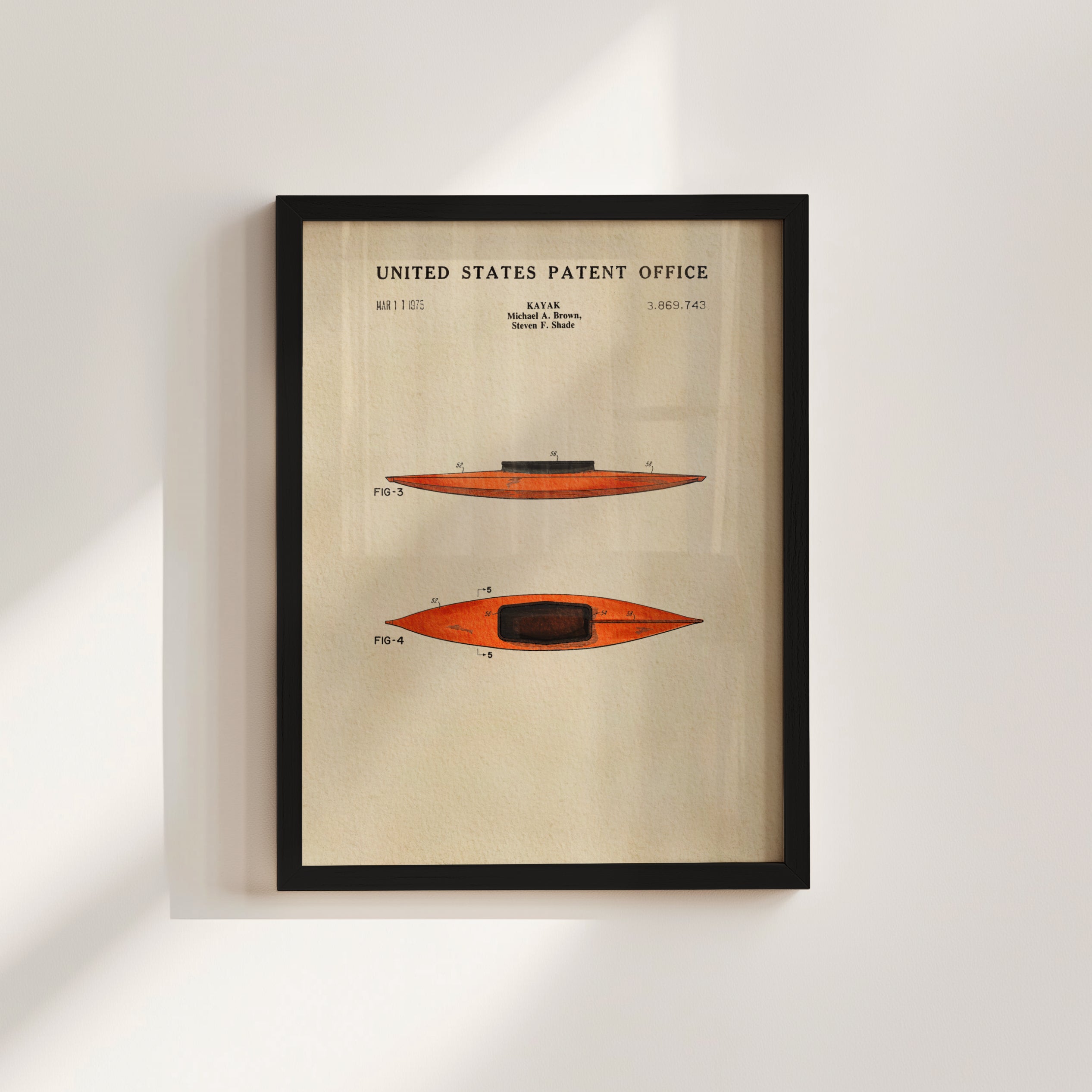 The image is a framed patent drawing of a kayak, depicting two different designs with a focus on the kayak's structure and features.
