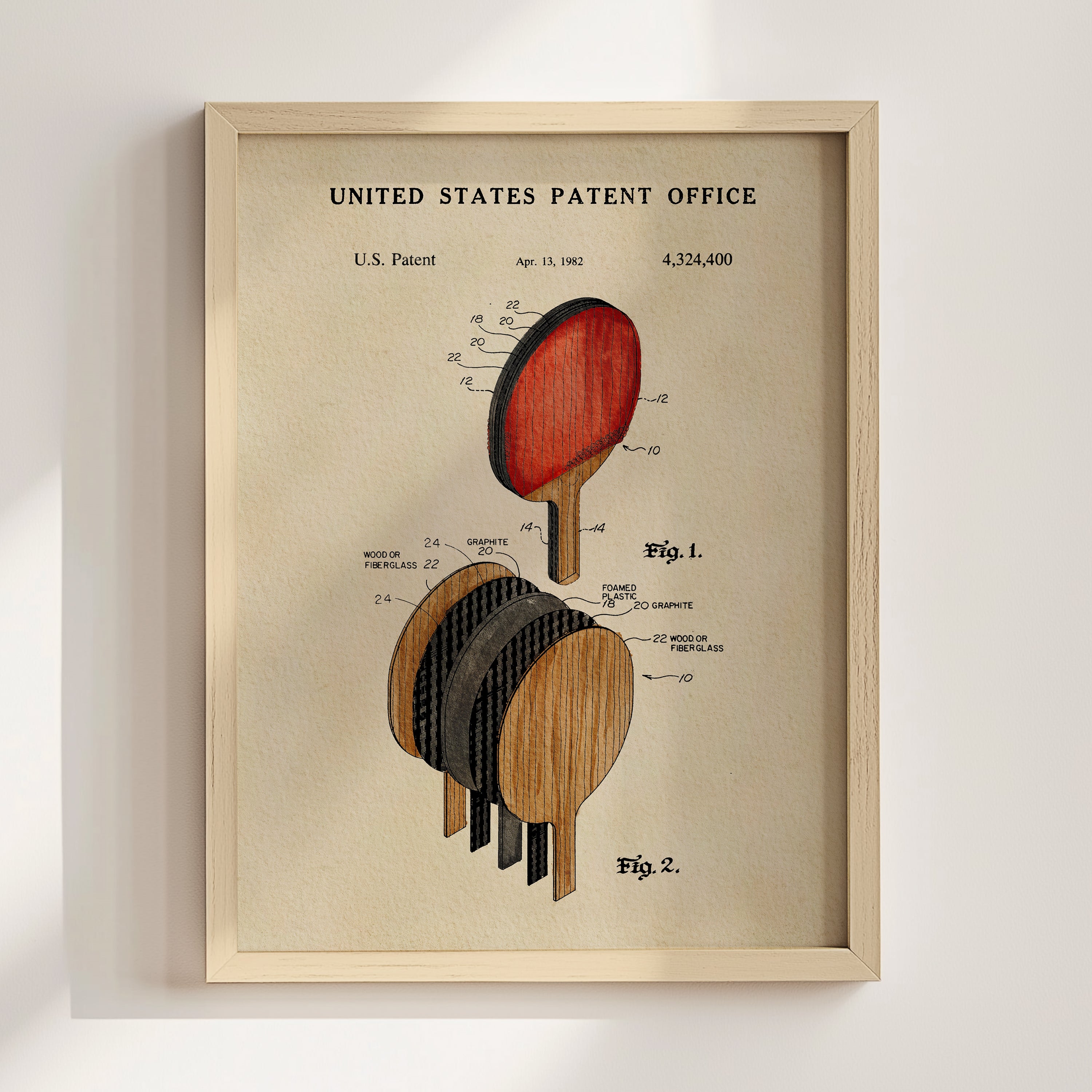 The image is a framed print of a patent drawing for a paddle, depicting the design and features of the paddle in a detailed manner.