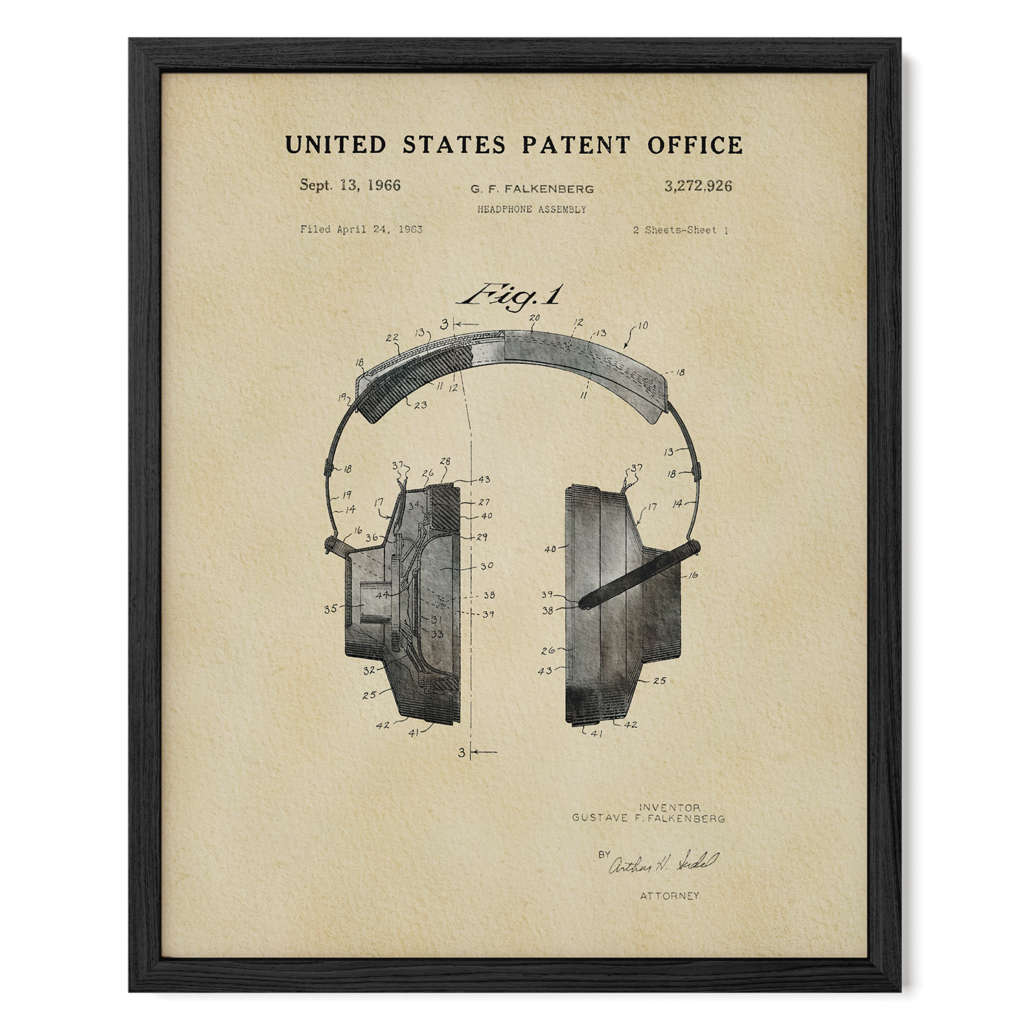 The image is a framed patent drawing of a pair of headphones, depicting the design and features of the headphones.