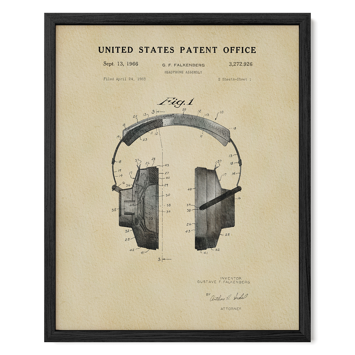 The image is a framed patent drawing of a pair of headphones, depicting the design and features of the headphones.