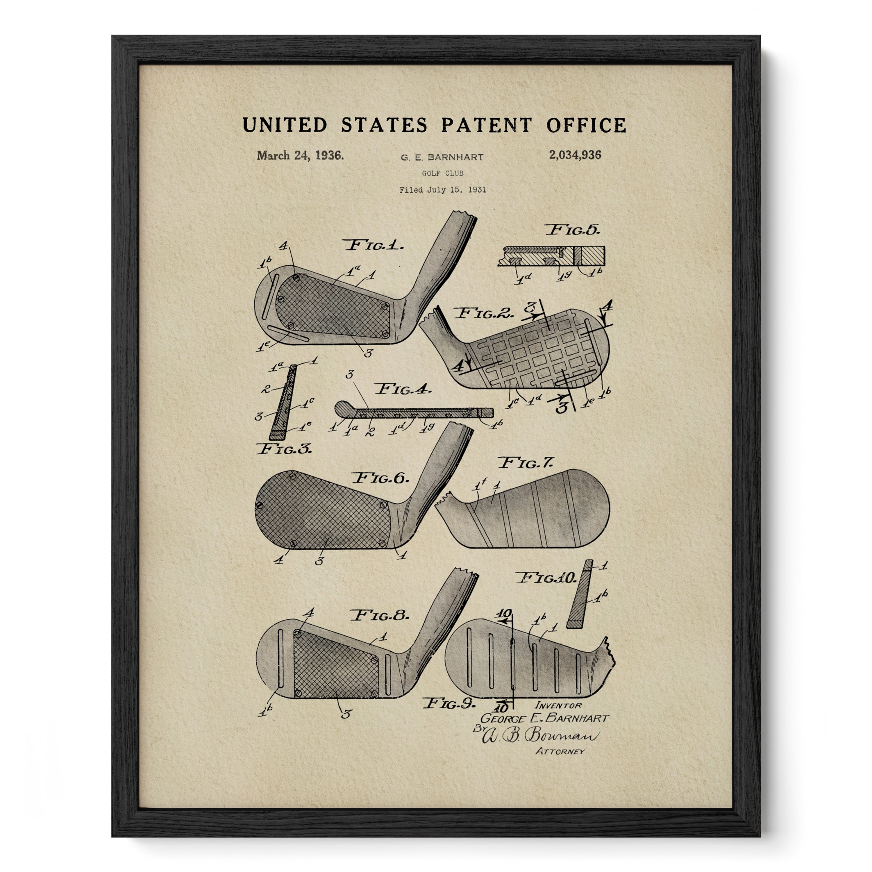 The image is a framed vintage patent drawing of a golf club, depicting various parts of the club such as the head, shaft, and grip.
