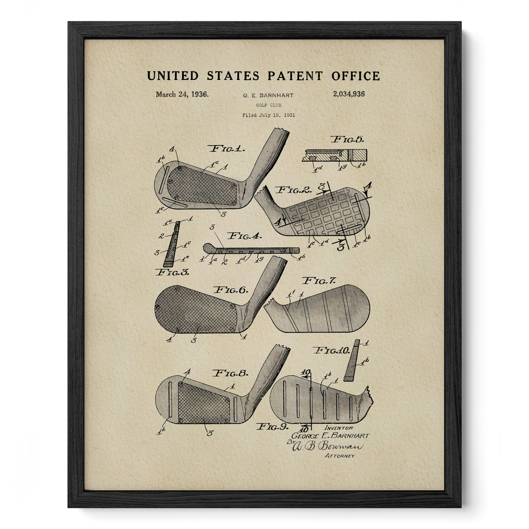 The image is a framed vintage patent drawing of a golf club, depicting various parts of the club such as the head, shaft, and grip.