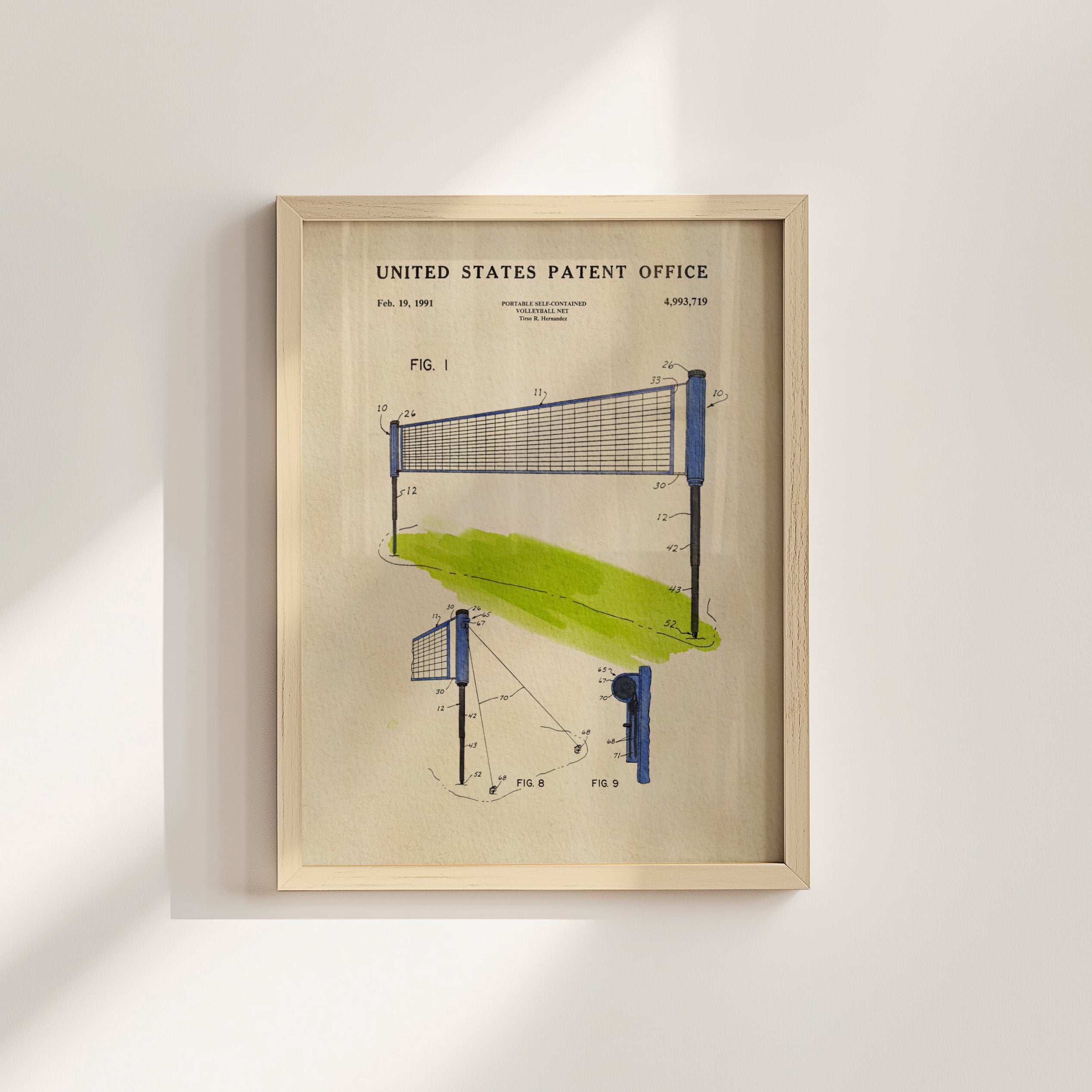 The image is a framed patent drawing depicting a volleyball net with a green field in the background.