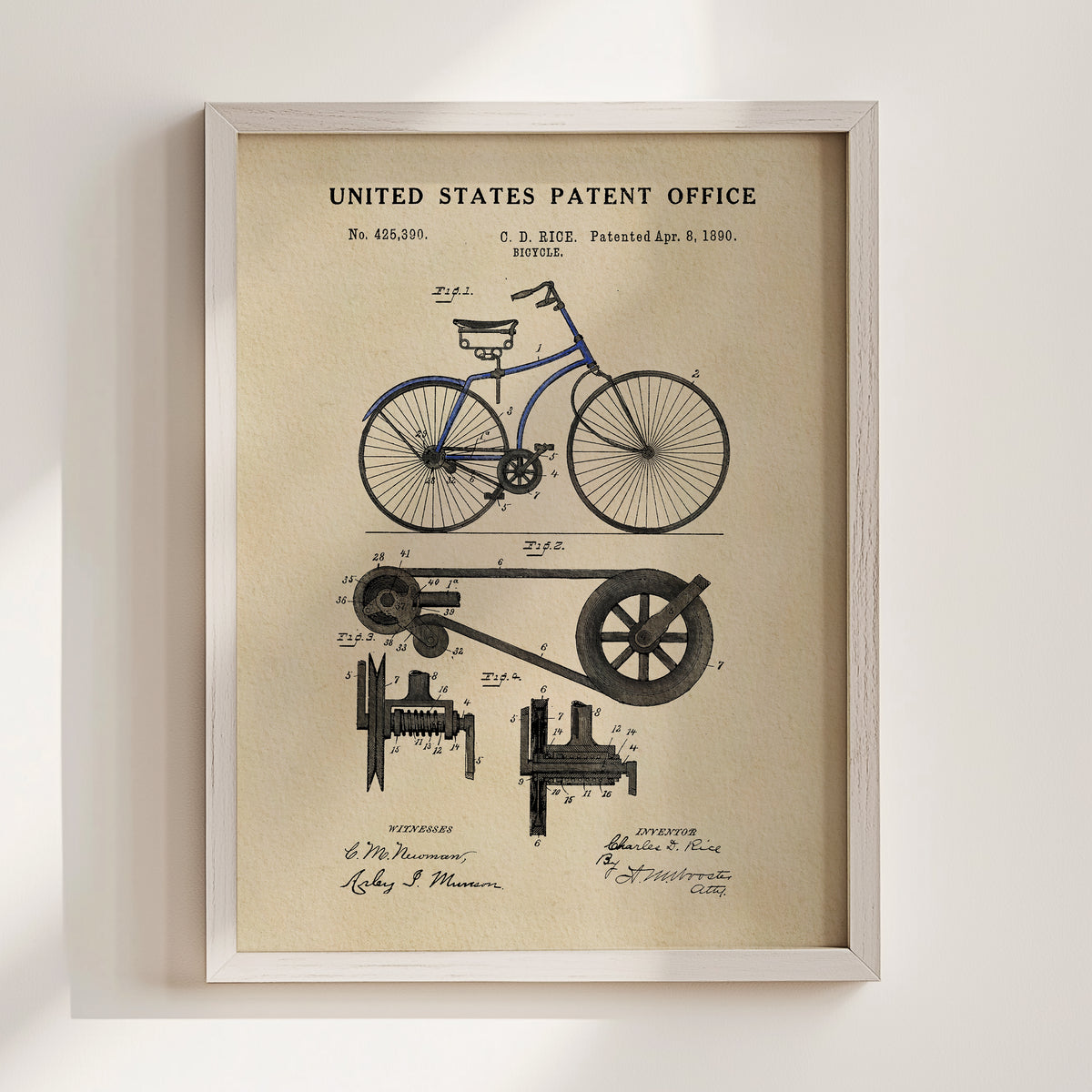 The image is a framed vintage patent drawing of a bicycle, depicting the design and construction of the bicycle.