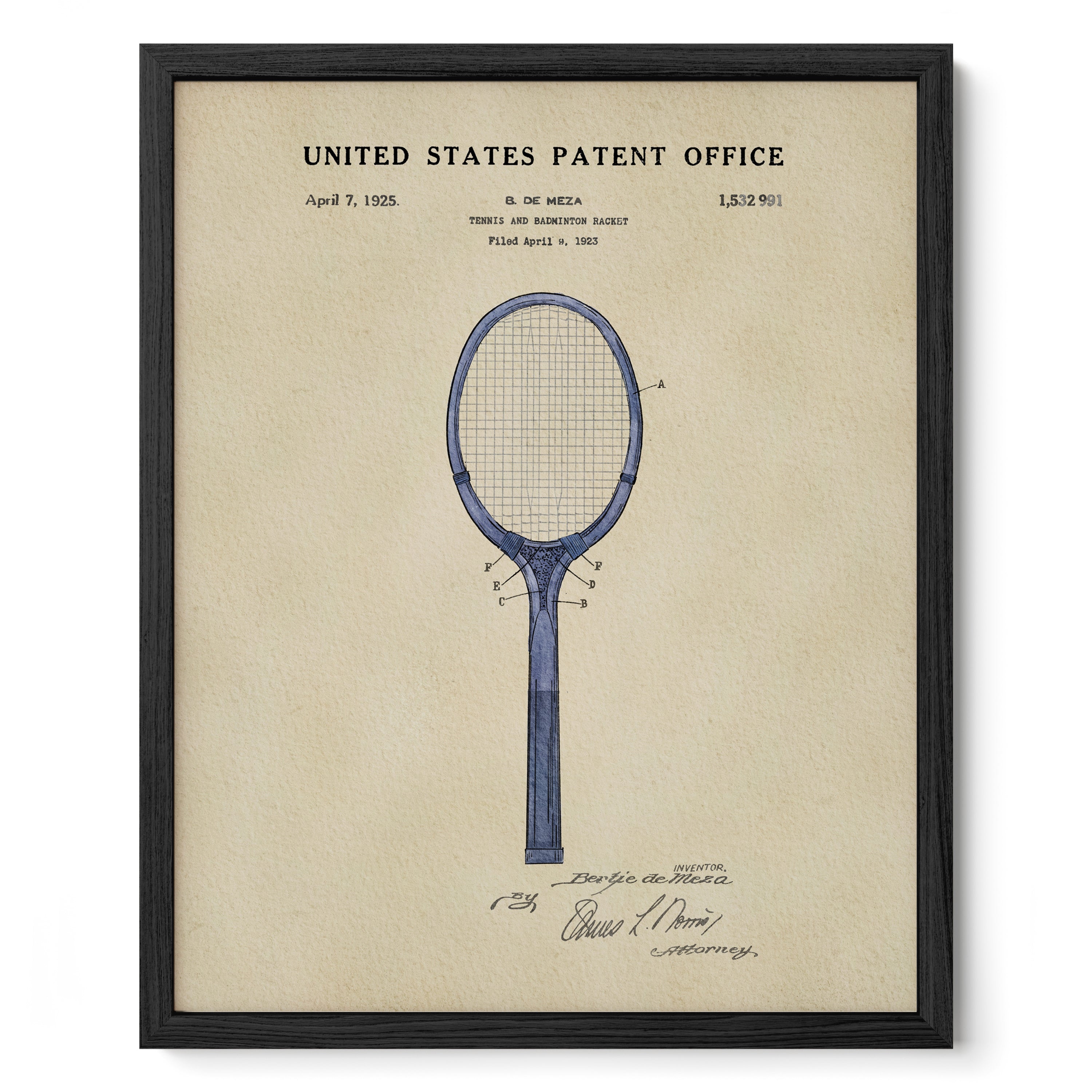 The image is a framed print of a patent drawing for a tennis racket, dated April 7, 1929.