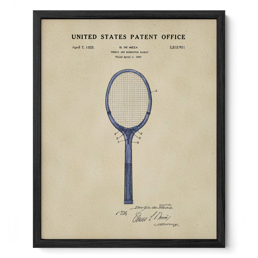 The image is a framed print of a patent drawing for a tennis racket, dated April 7, 1929.