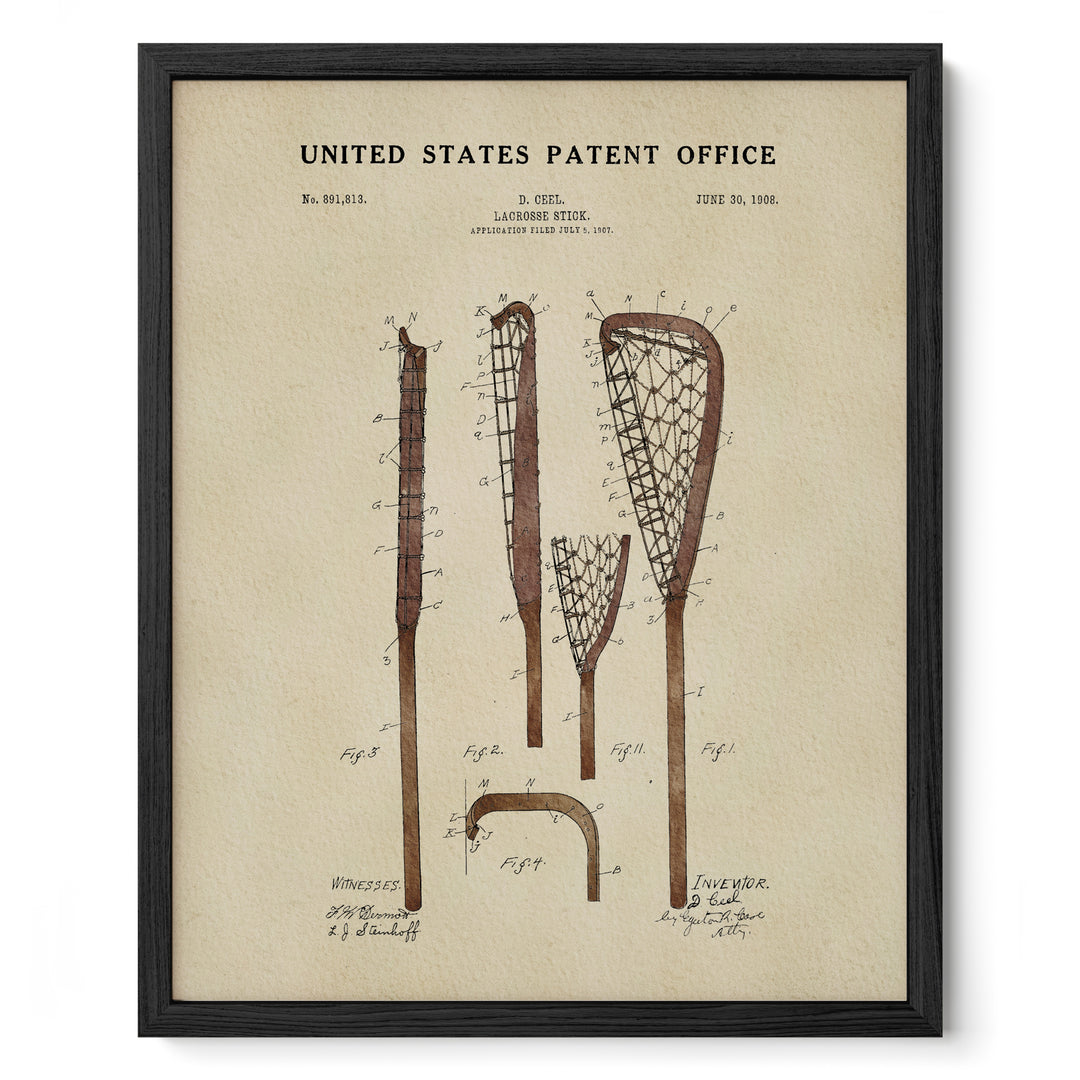 The image is a framed print depicting a lacrosse stick with various technical drawings and annotations, including the United States Patent Office.