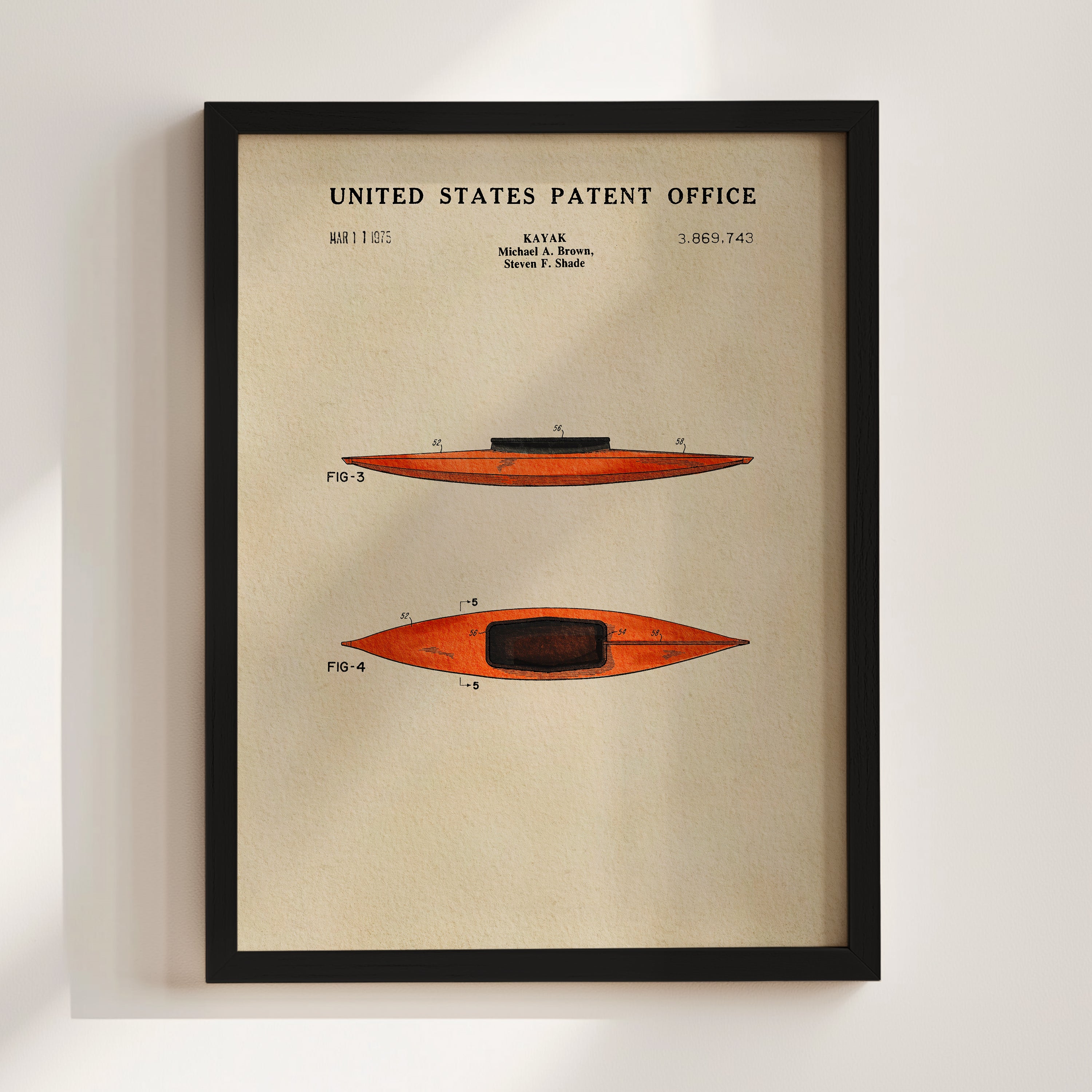 The image is a patent drawing of a kayak, depicting two different designs of the kayak with accompanying technical drawings and annotations.