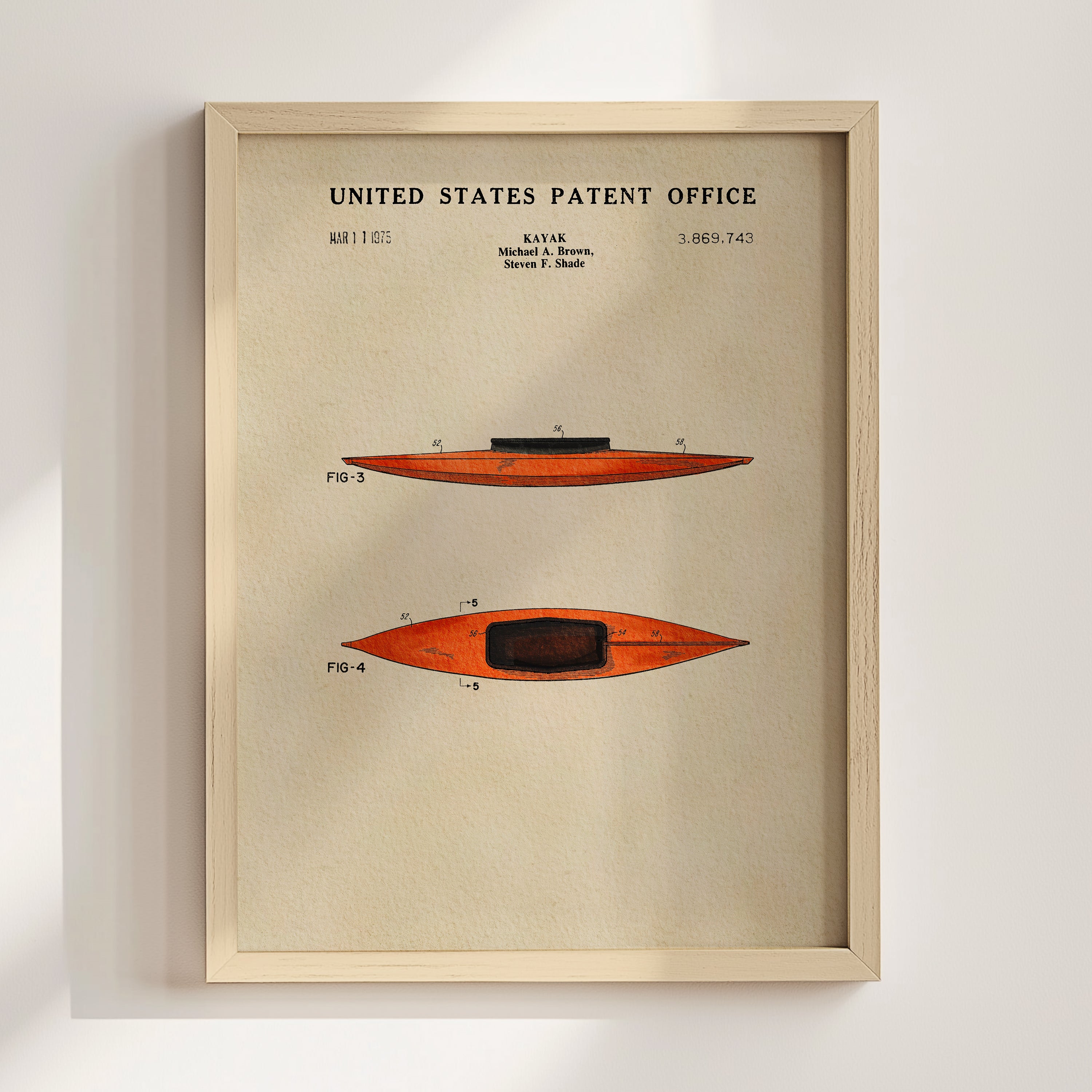 The image is a framed print of a patent drawing of a kayak, depicting two different designs of the kayak.