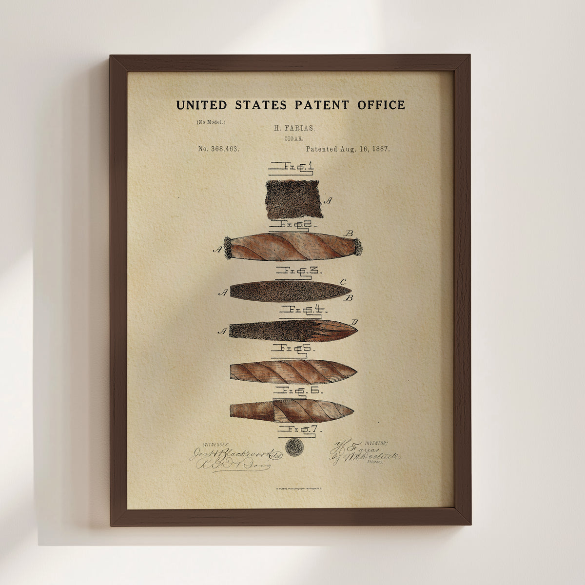 The image is a framed print of a United States patent office patent from 1887, featuring a detailed illustration of a cigar.