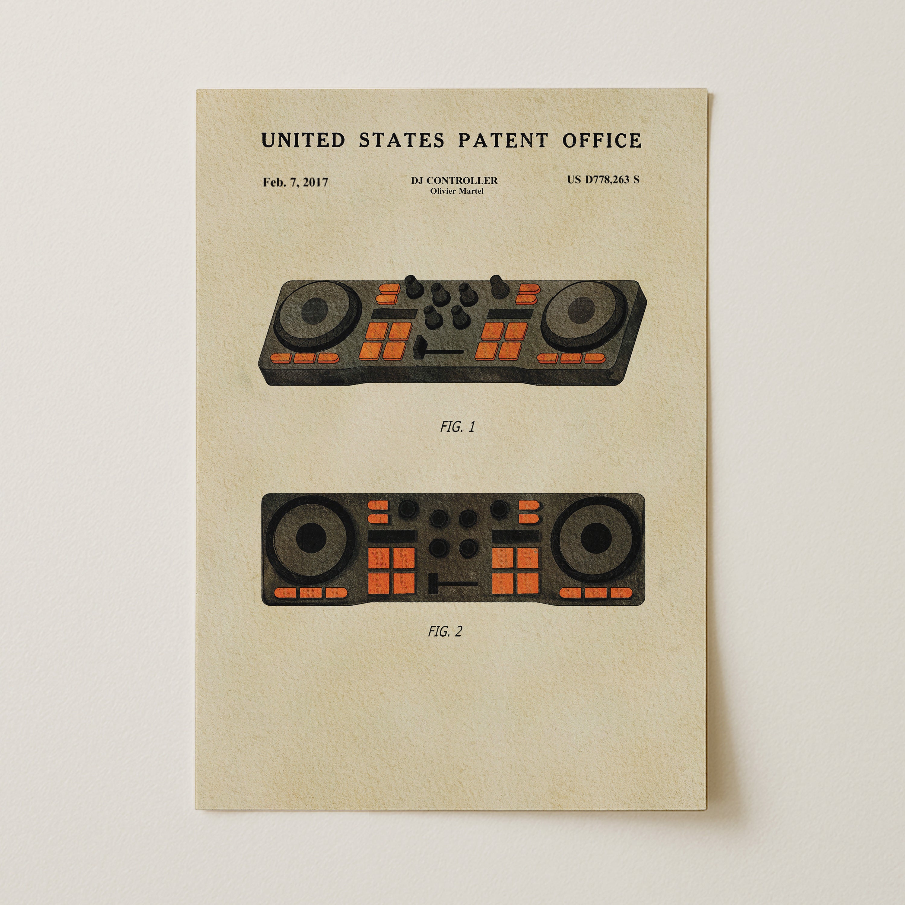 The image is a patent application from the United States Patent Office, dated February 7, 2017, featuring two technical drawings of a DJ controller.