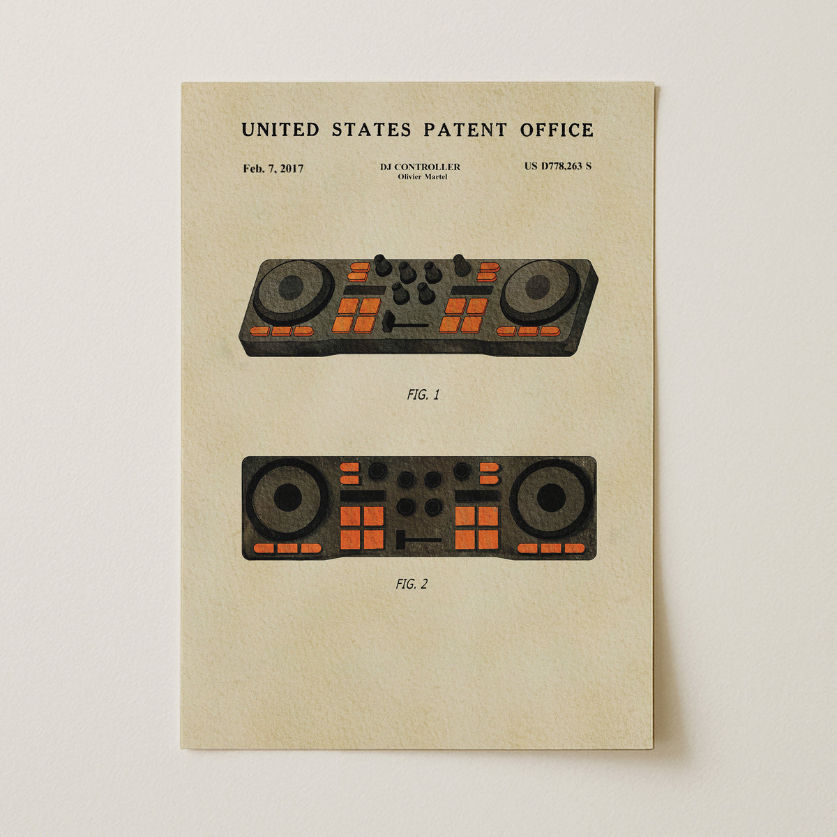 The image is a patent application from the United States Patent Office, dated February 7, 2017, featuring two technical drawings of a DJ controller.