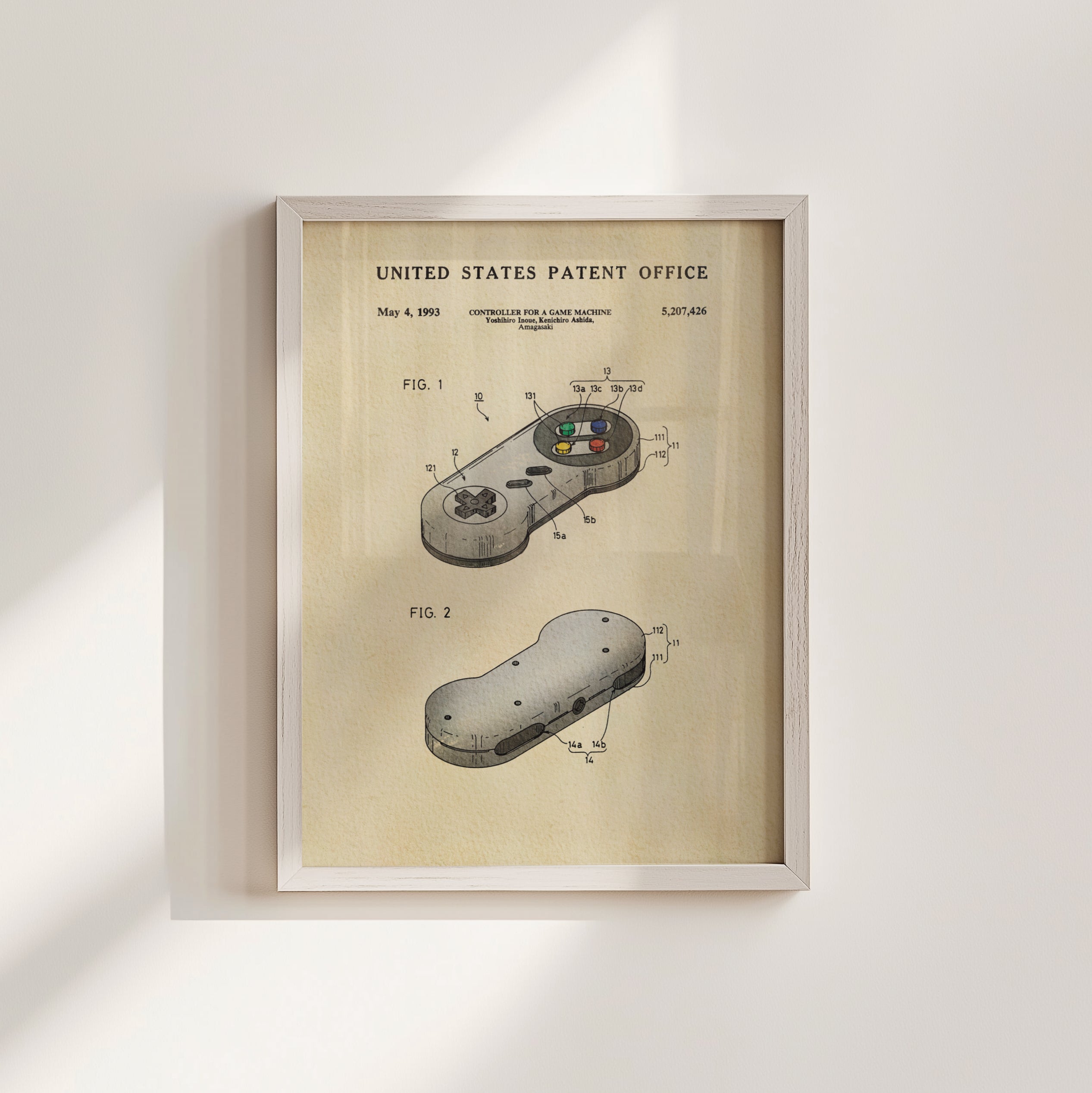 The image is a framed patent drawing of a Nintendo controller, specifically the Nunchuk, from May 4, 1993.