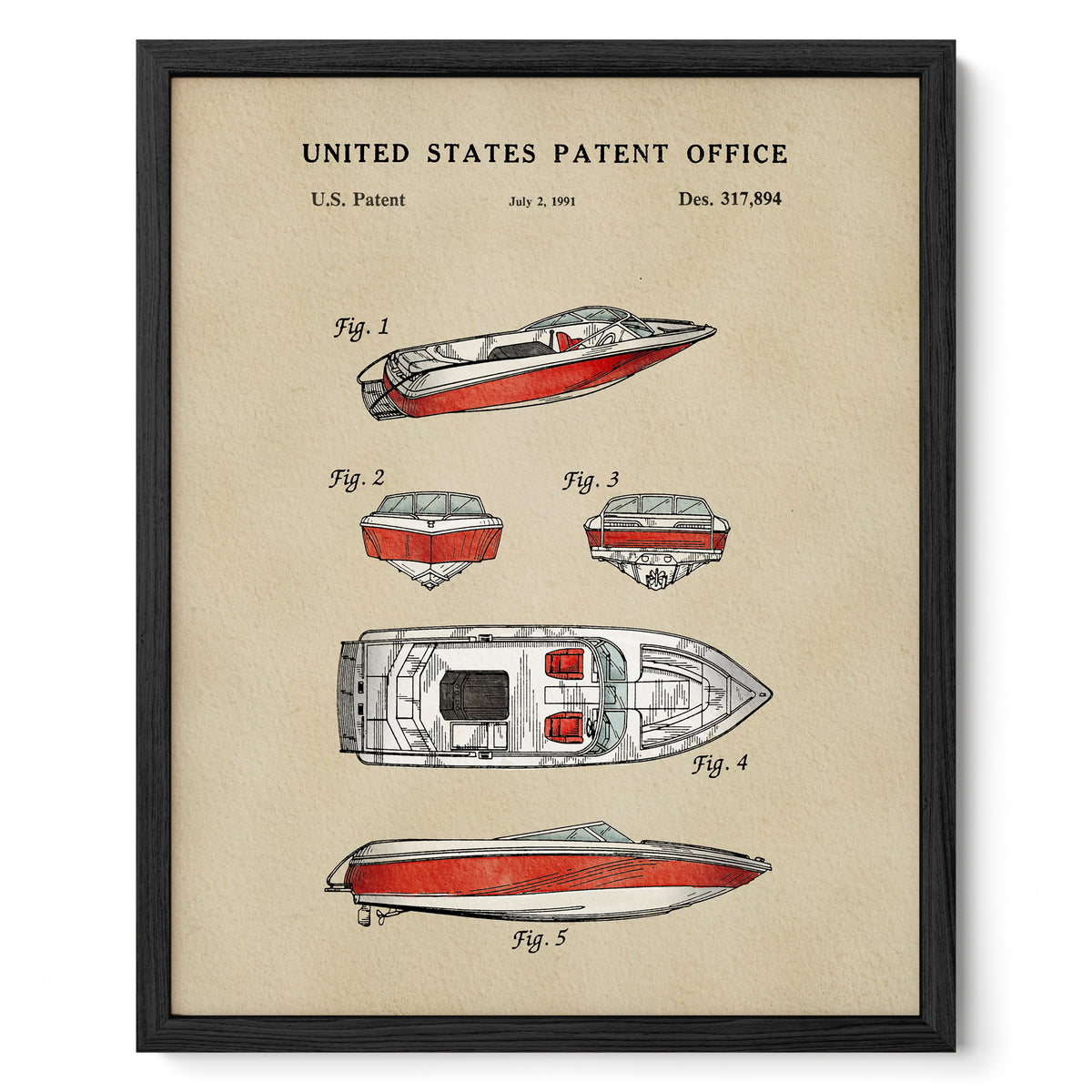 The image is a framed patent drawing depicting various designs of boats, including a red and white boat, a white and red boat, and a red and white boat.