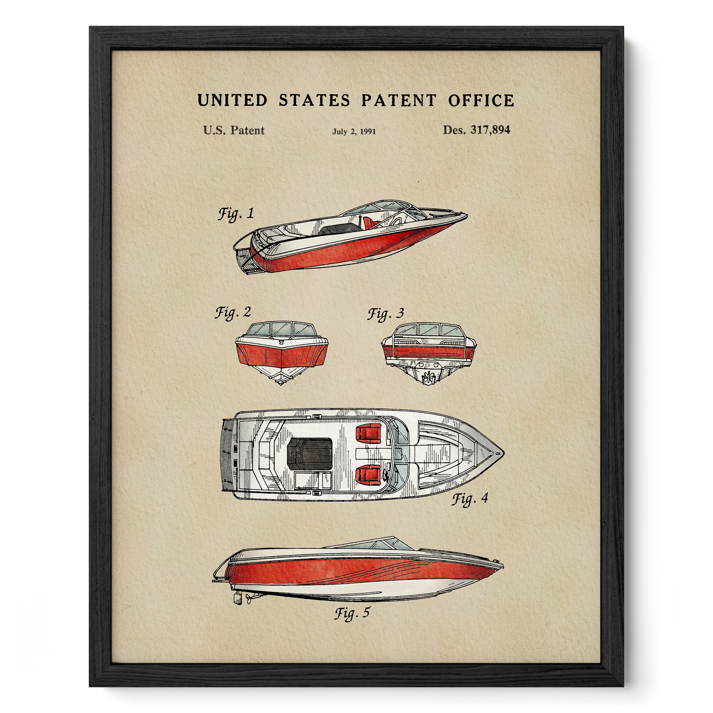 The image is a framed patent drawing depicting various designs of boats, including a red and white boat, a white and red boat, and a red and white boat.
