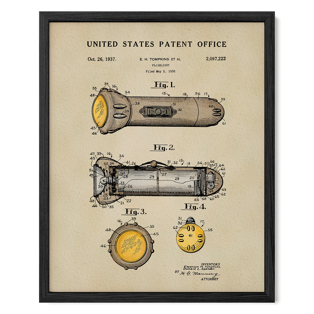 The image is a framed patent drawing depicting a flashlight, featuring detailed technical drawings and specifications.