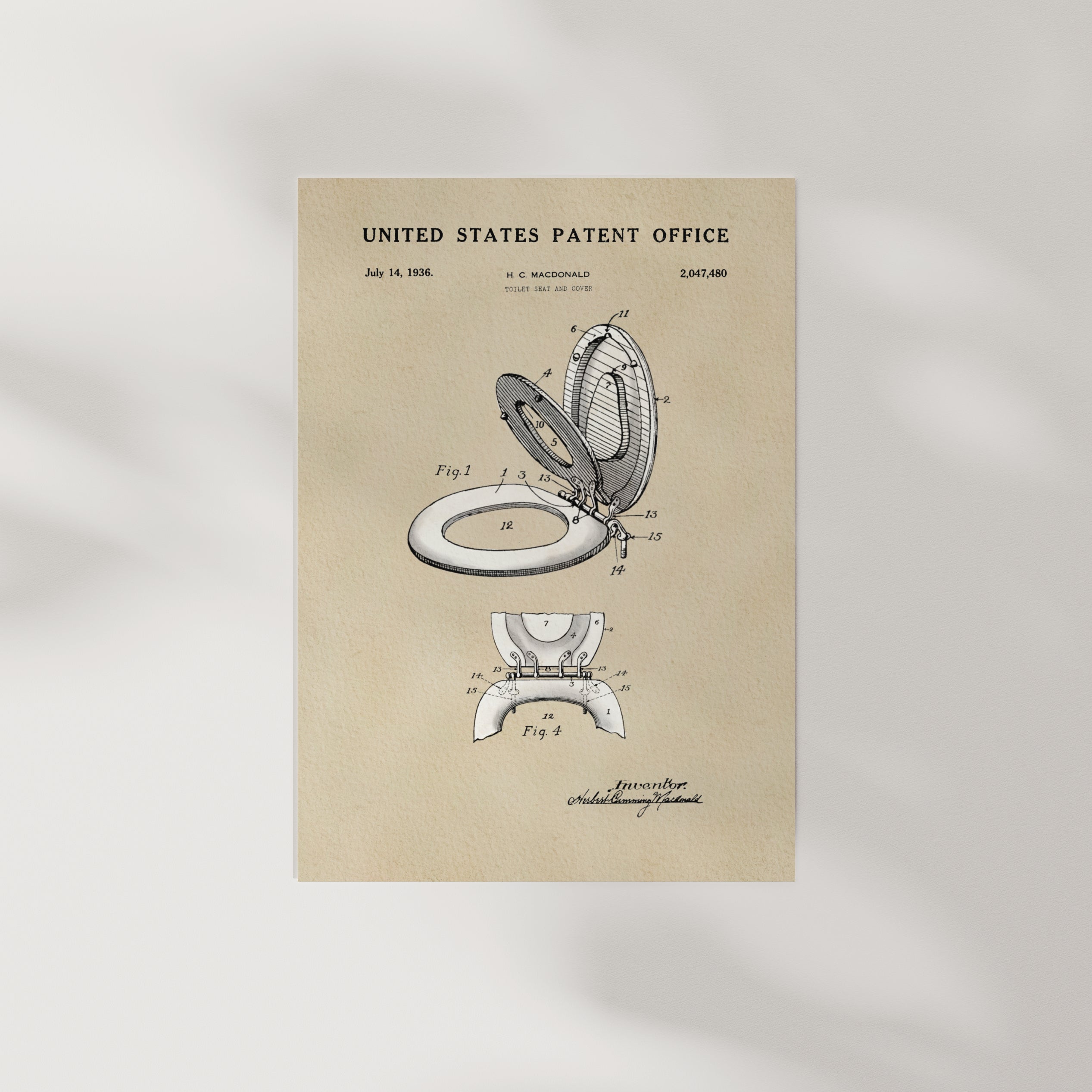 The image is a patent drawing from the United States Patent Office, depicting a toilet with a raised seat and a raised lid.