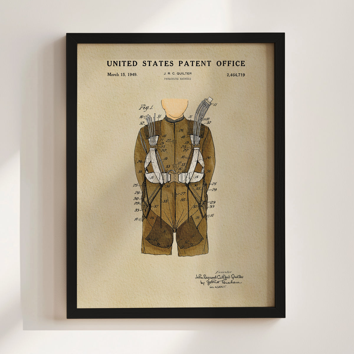The image is a framed print of a United States patent office patent from March 15, 1949, depicting a parachute design.
