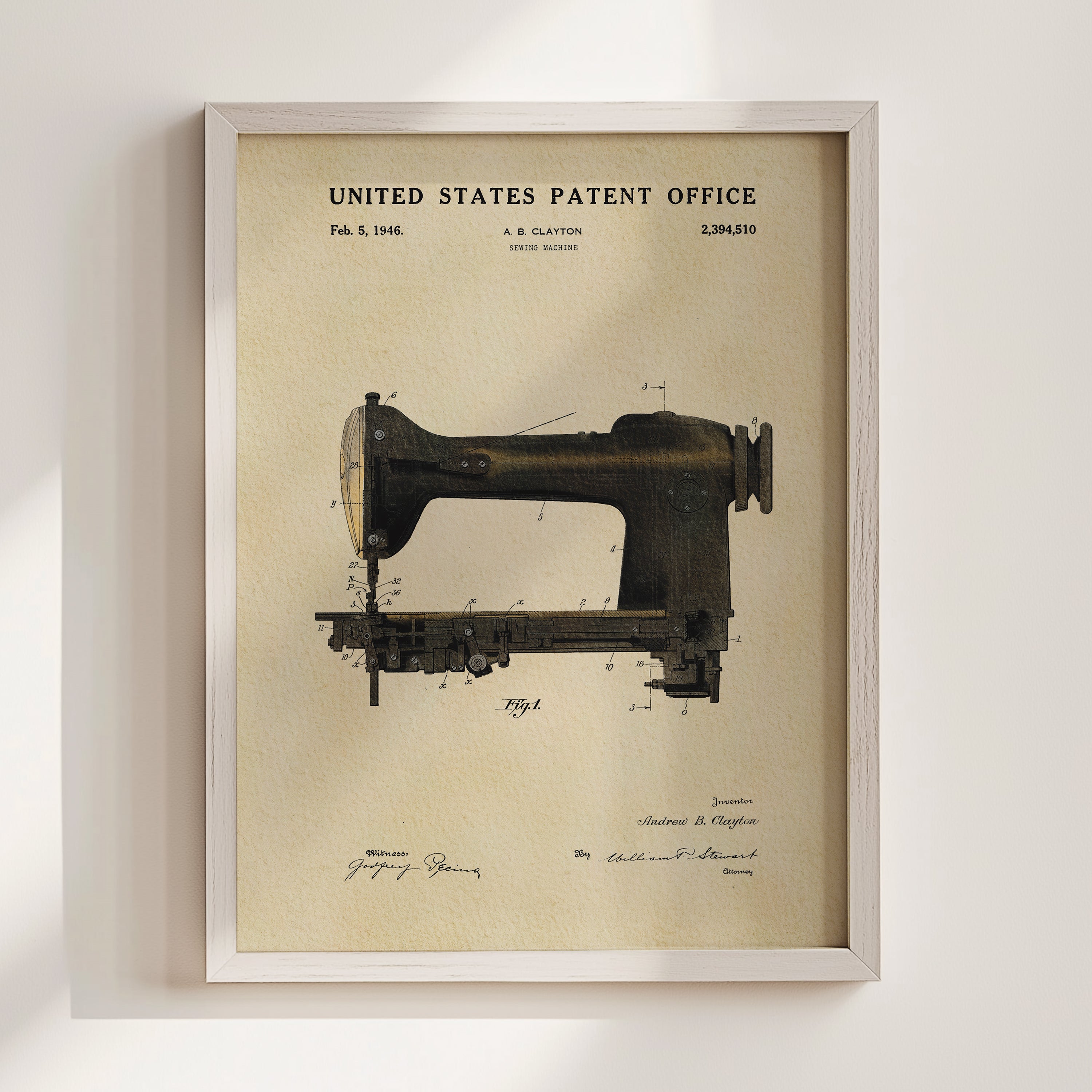 The image is a framed patent drawing of a sewing machine from the United States Patent Office, dated February 5, 1946.