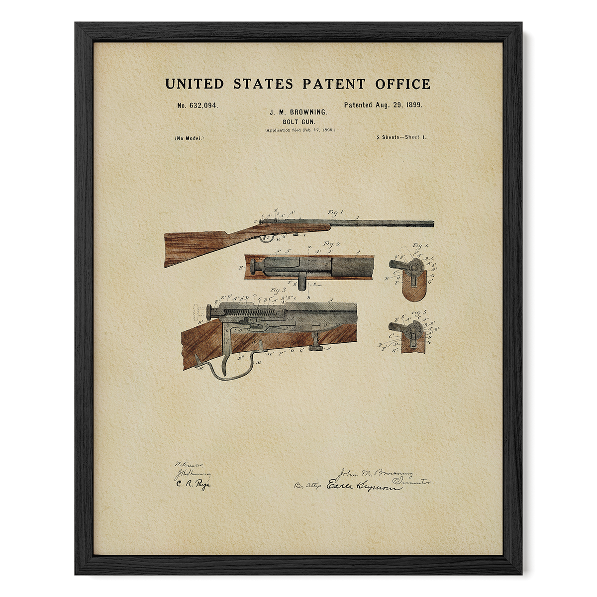 The image is a framed patent drawing of a rifle, depicting its design and features.