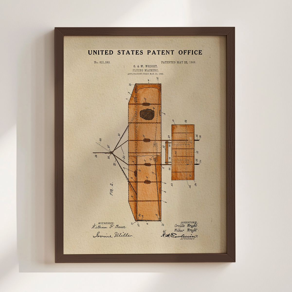 The image is a framed print of a United States patent office patent from May 20, 1906.