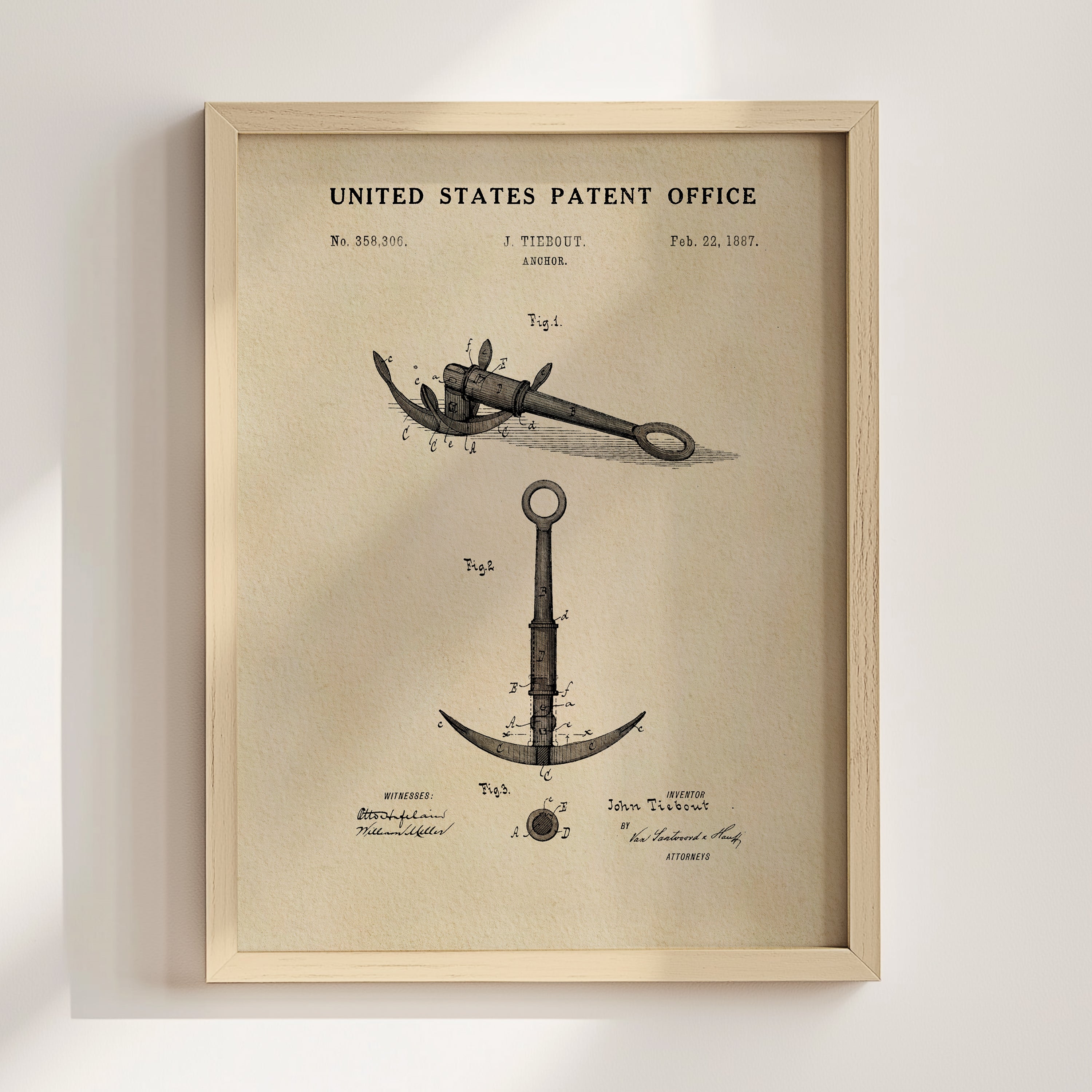The image is a framed print of a United States patent office patent from February 22, 1887, depicting a new invention called the 