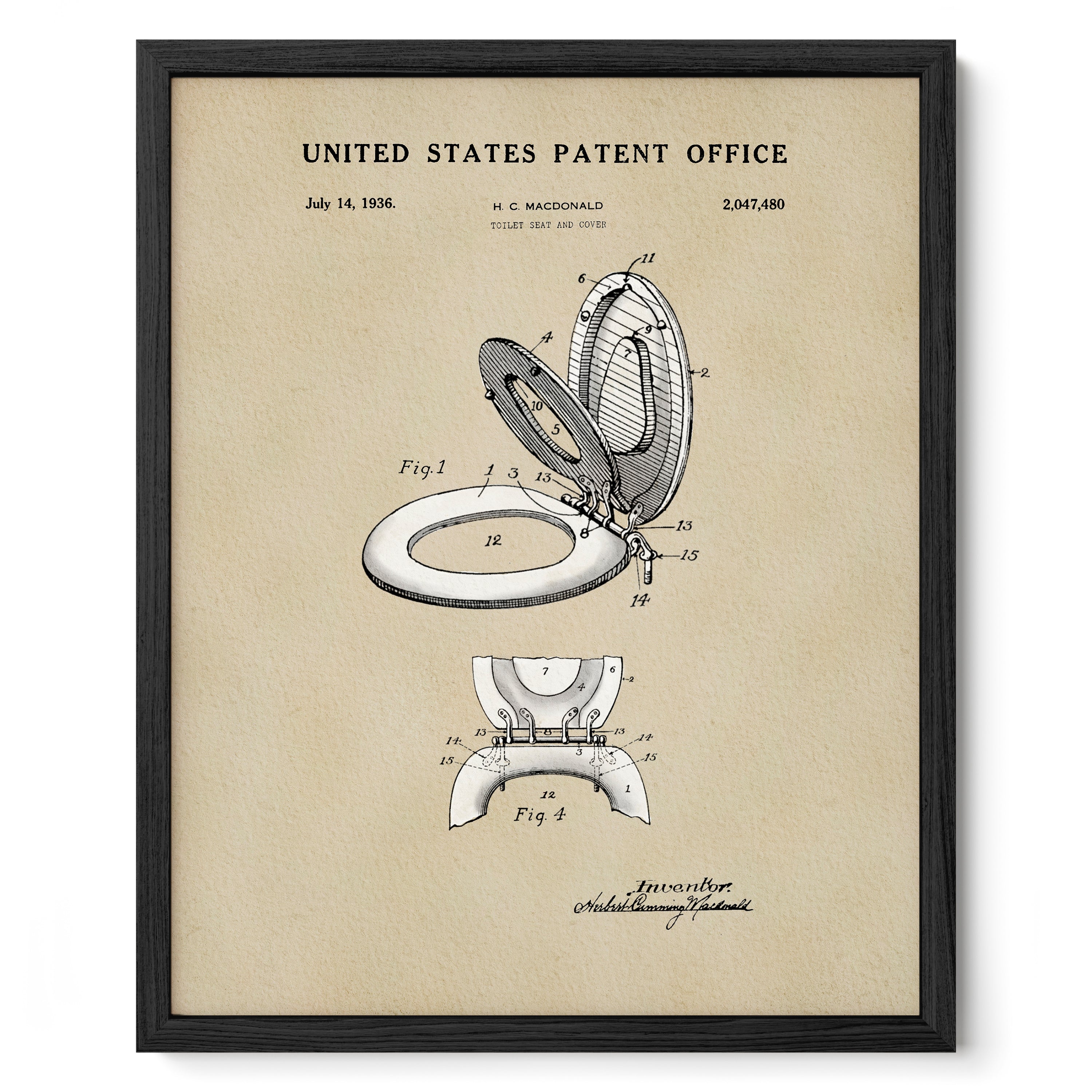 The image is a framed patent drawing of a toilet from the United States Patent Office, dated July 14, 1936.