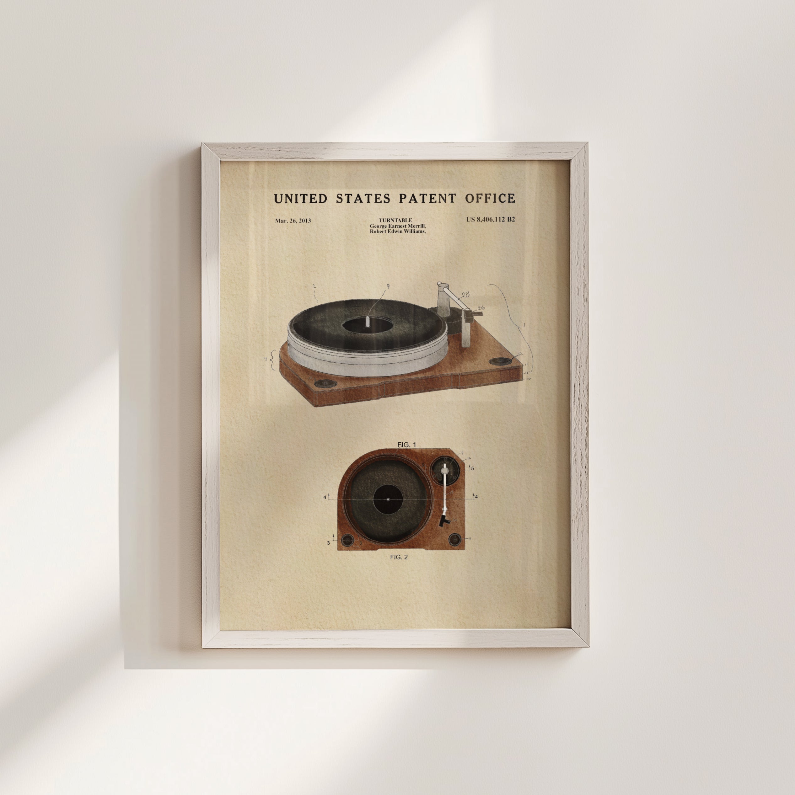 The image is a framed vintage patent drawing of a turntable, depicting the design and features of the turntable.