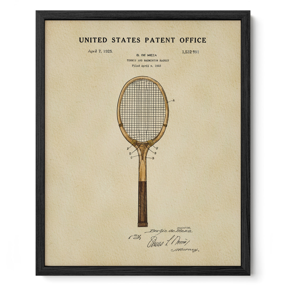 A framed patent drawing of a tennis racket from the United States Patent Office, dated April 7, 1925.