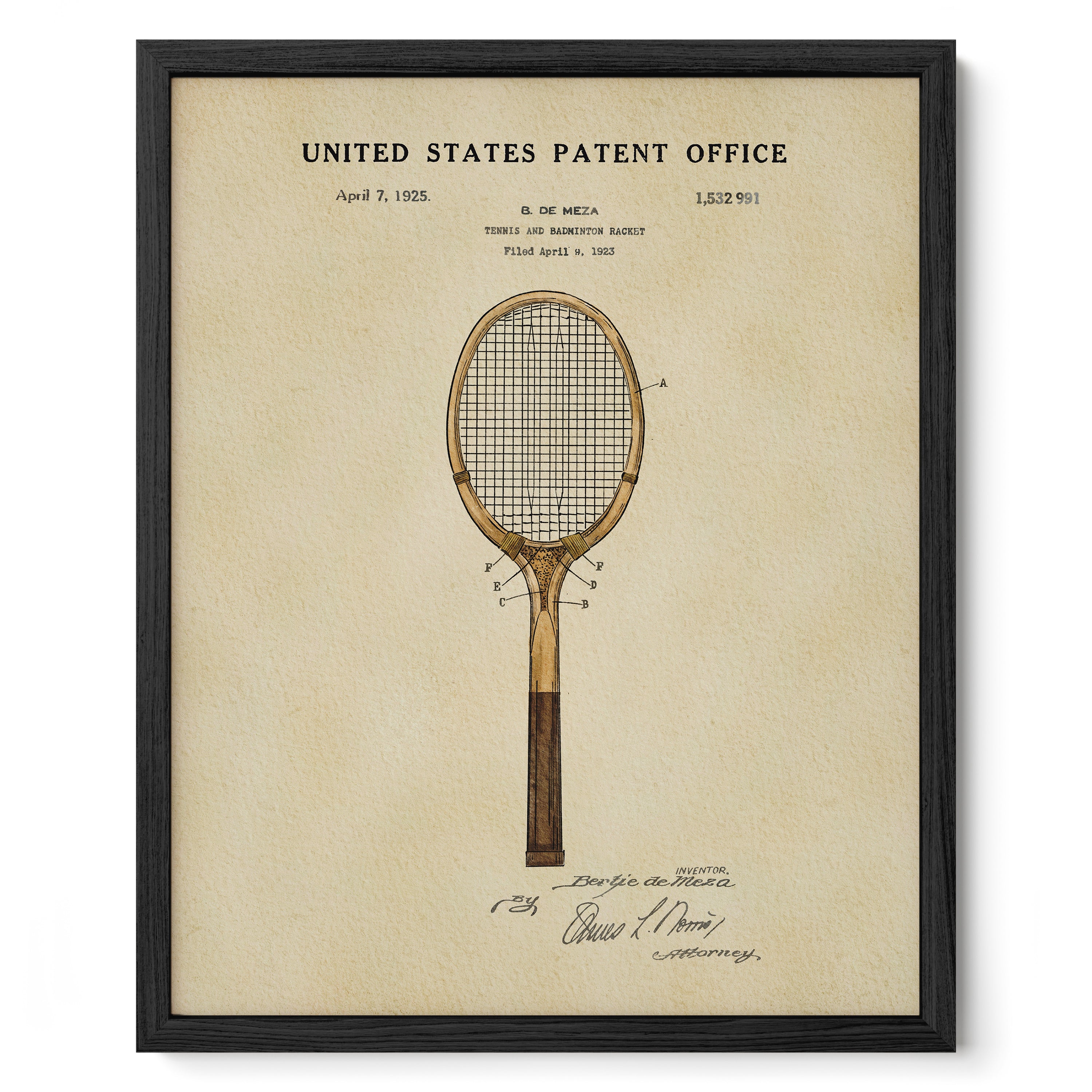 A framed patent drawing of a tennis racket from the United States Patent Office, dated April 7, 1925.
