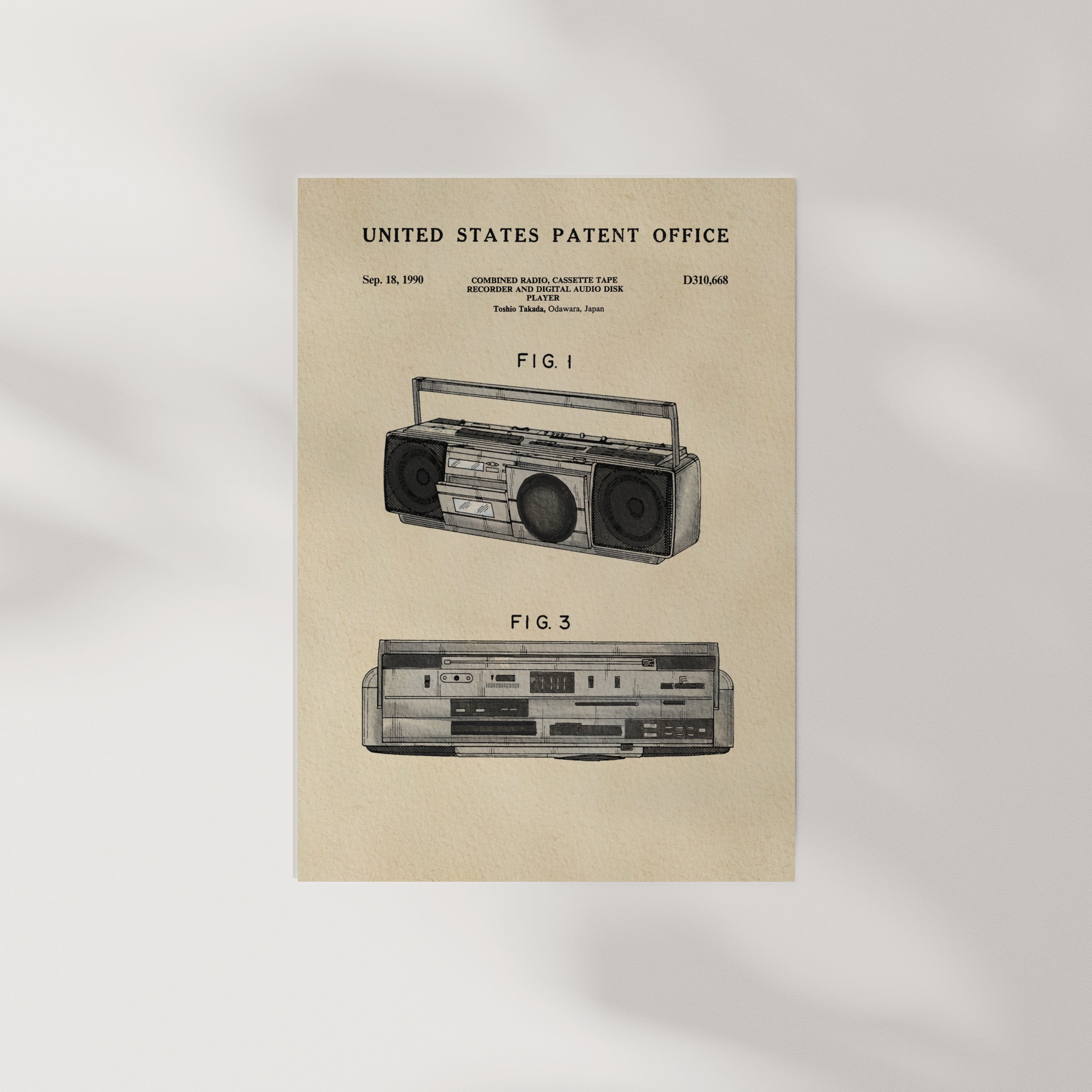 The image is a patent application for a radio cassette tape, featuring two technical drawings of a radio cassette tape and a radio cassette tape.