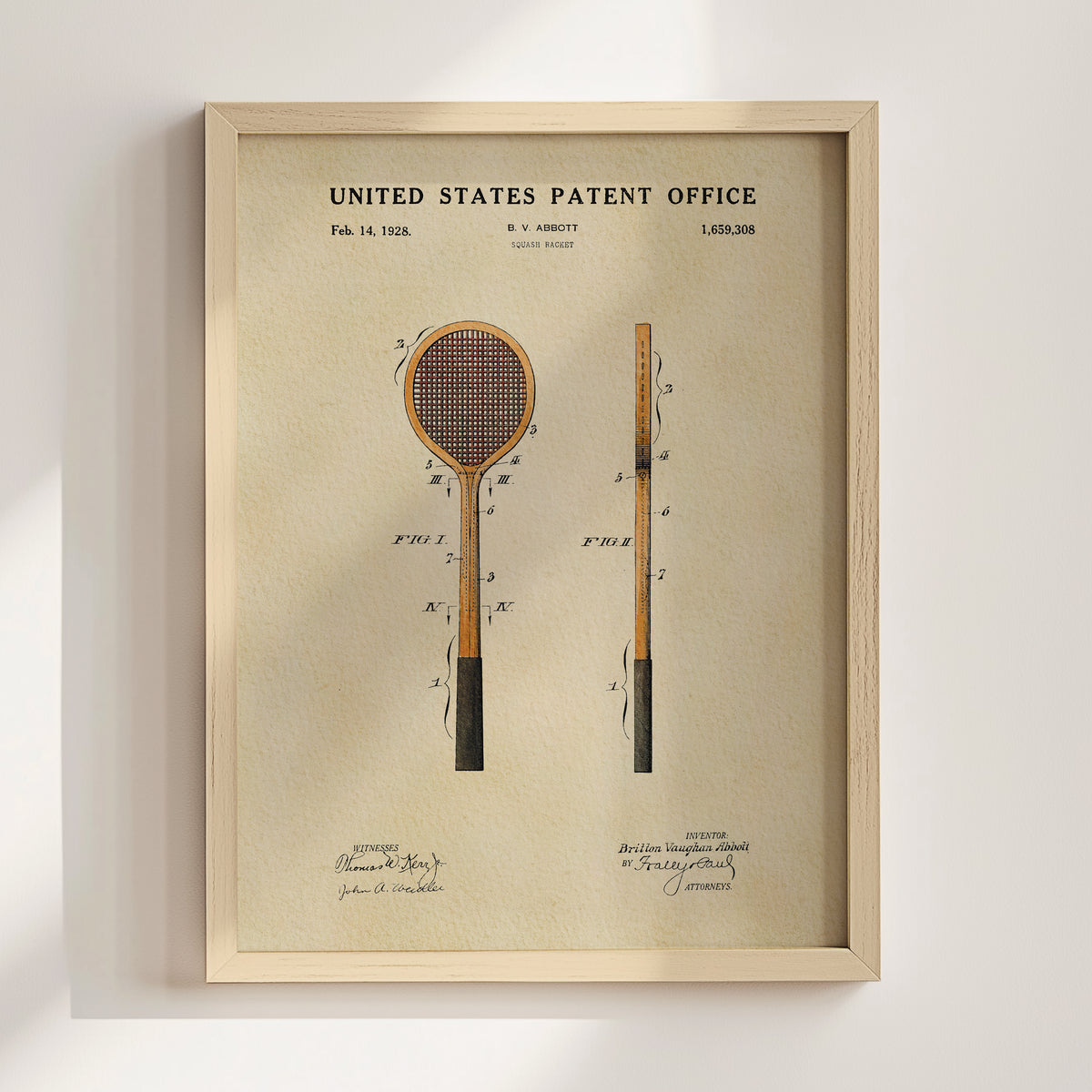 The image is a framed patent drawing depicting a tennis racket, with the title "United States Patent Office" and the date February 14, 1928.