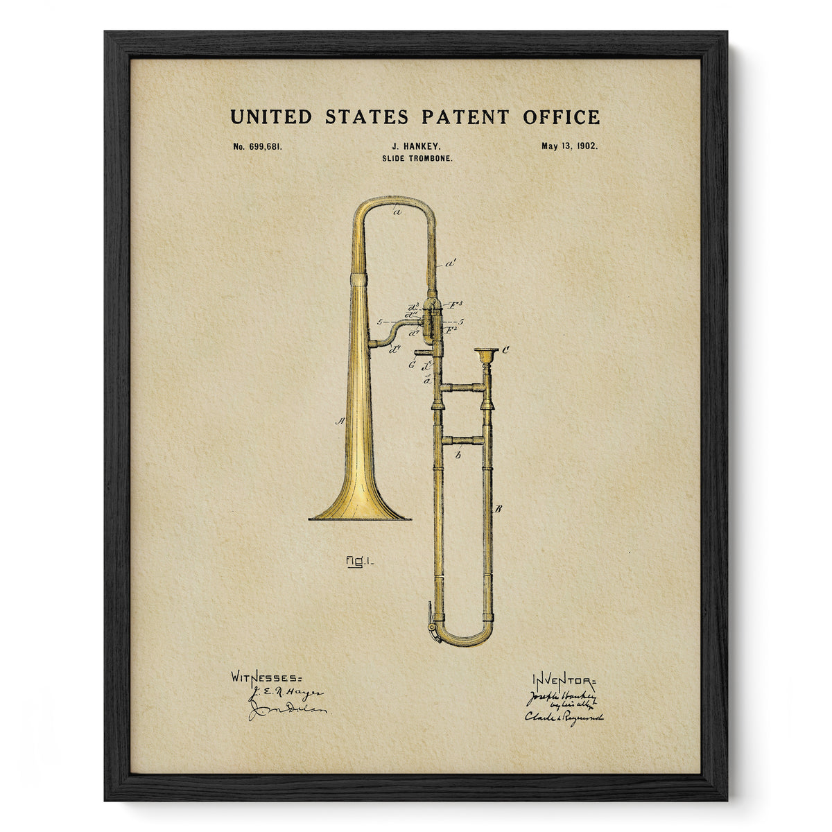The image is a framed print of a patent drawing for a trumpet, depicting the instrument in a detailed and technical manner.
