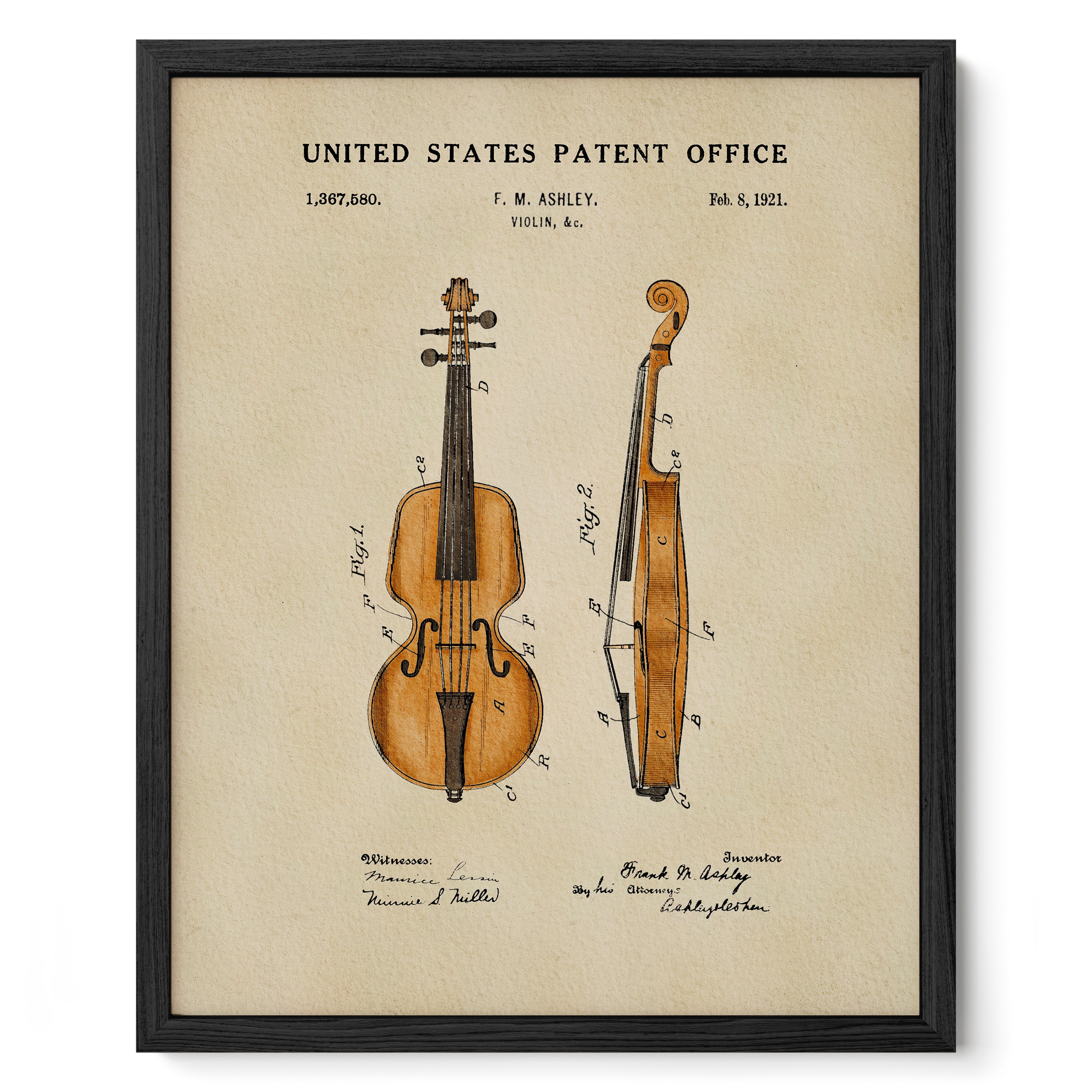 The image is a framed print of a violin patent from the United States Patent Office, dated Feb. 8, 1921.