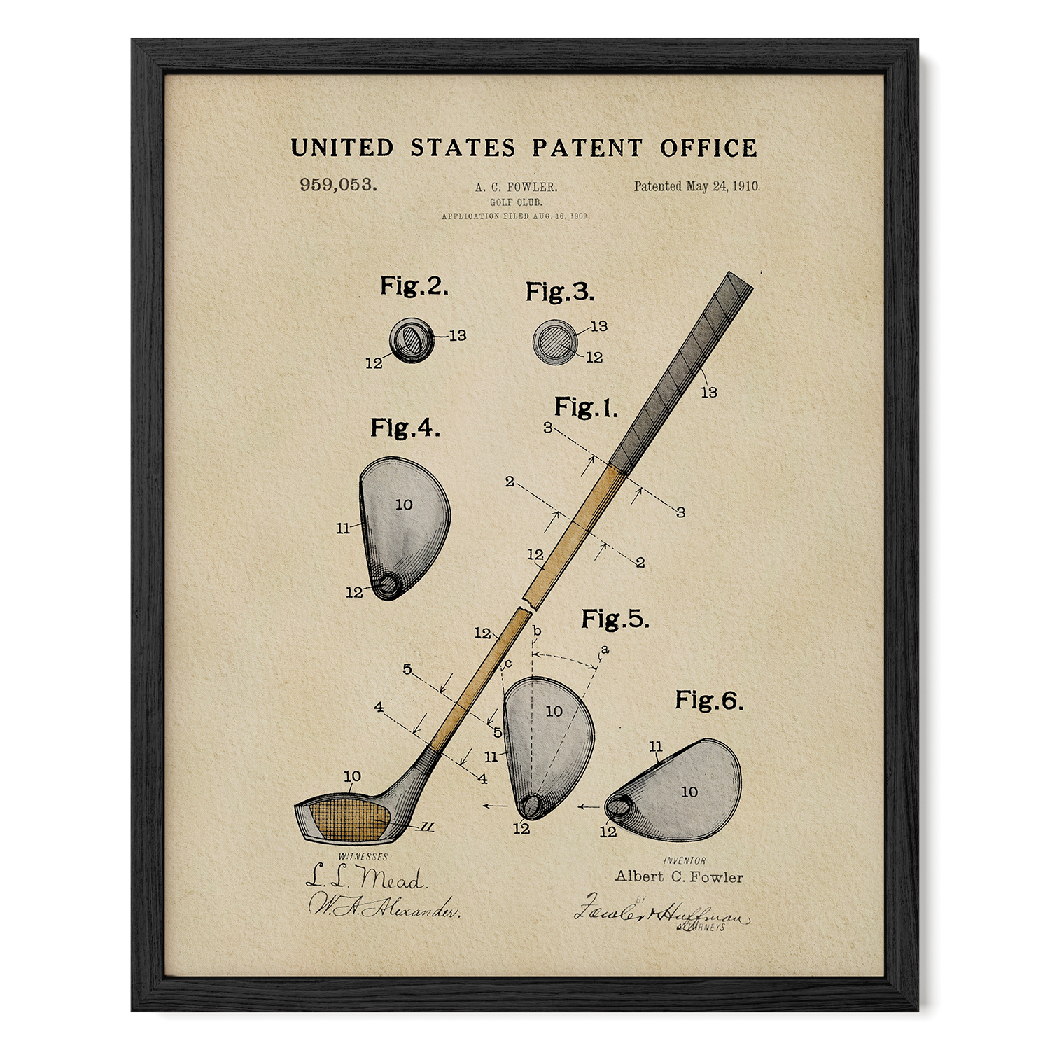 The image is a framed patent drawing depicting a golf club, specifically a club head and a club body.